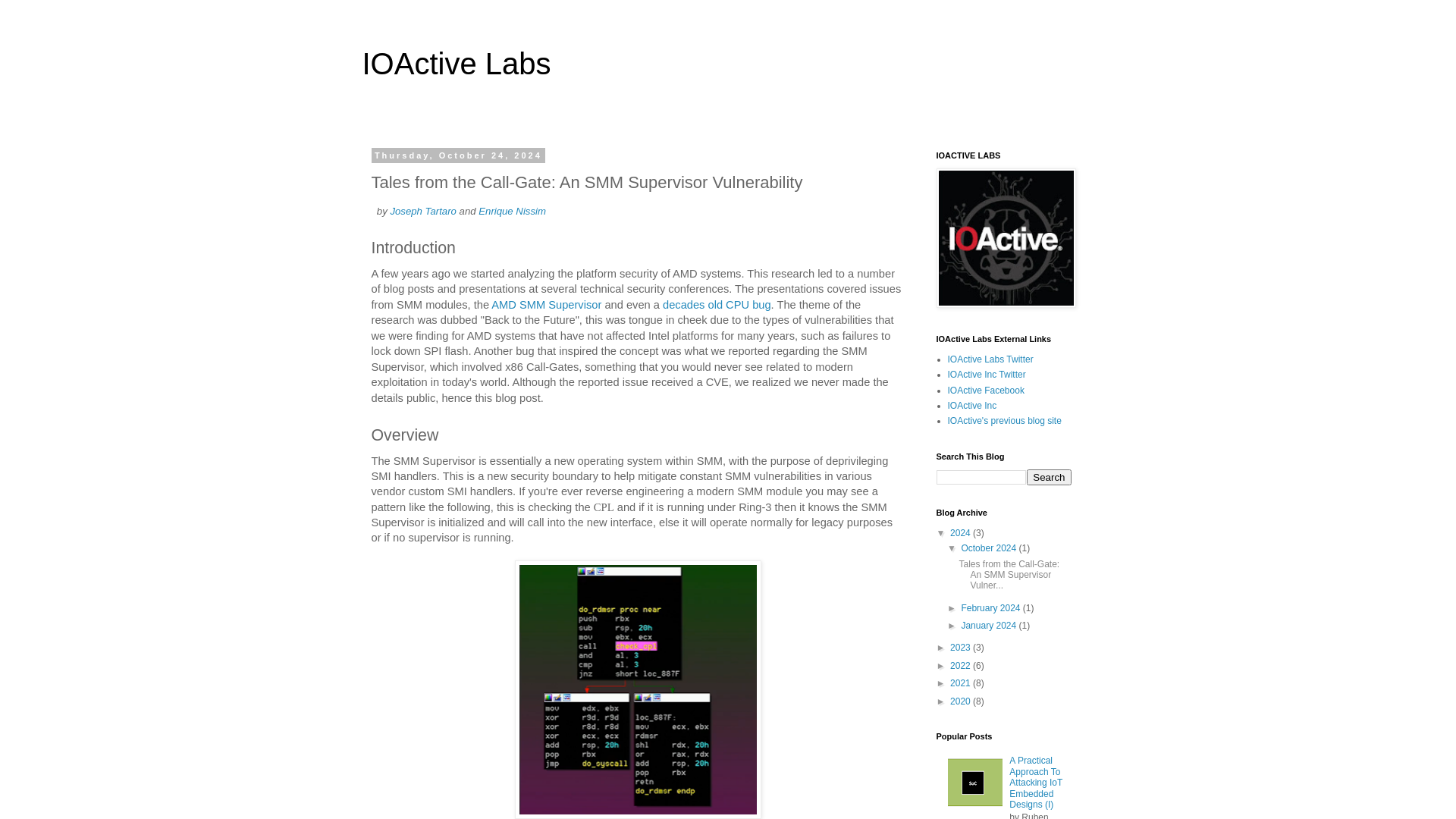 IOActive Labs: Tales from the Call-Gate: An SMM Supervisor Vulnerability
