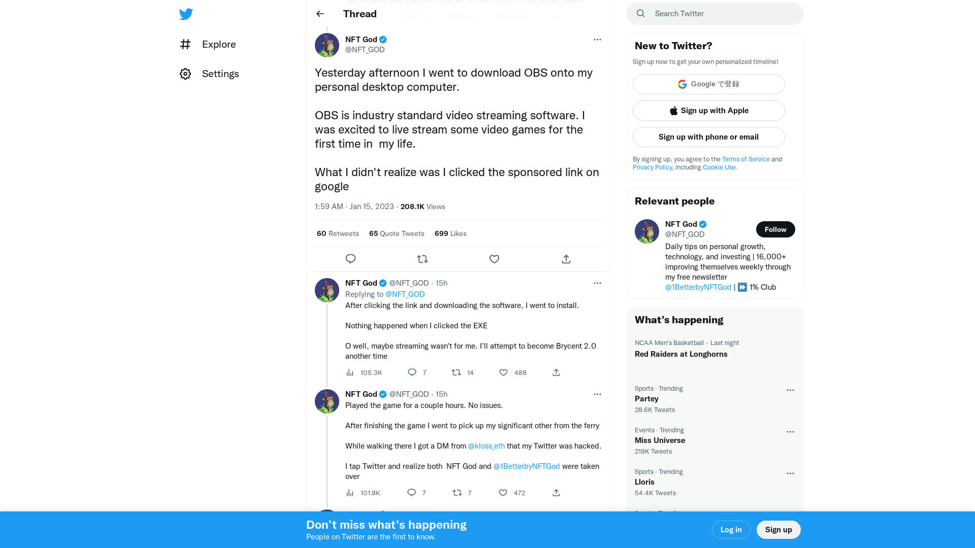 NFT God on Twitter: "Yesterday afternoon I went to download OBS onto my personal desktop computer. OBS is industry standard video streaming software. I was excited to live stream some video games for the first time in my life. What I didn't realize was I clicked the sponsored link on google" / Twitter