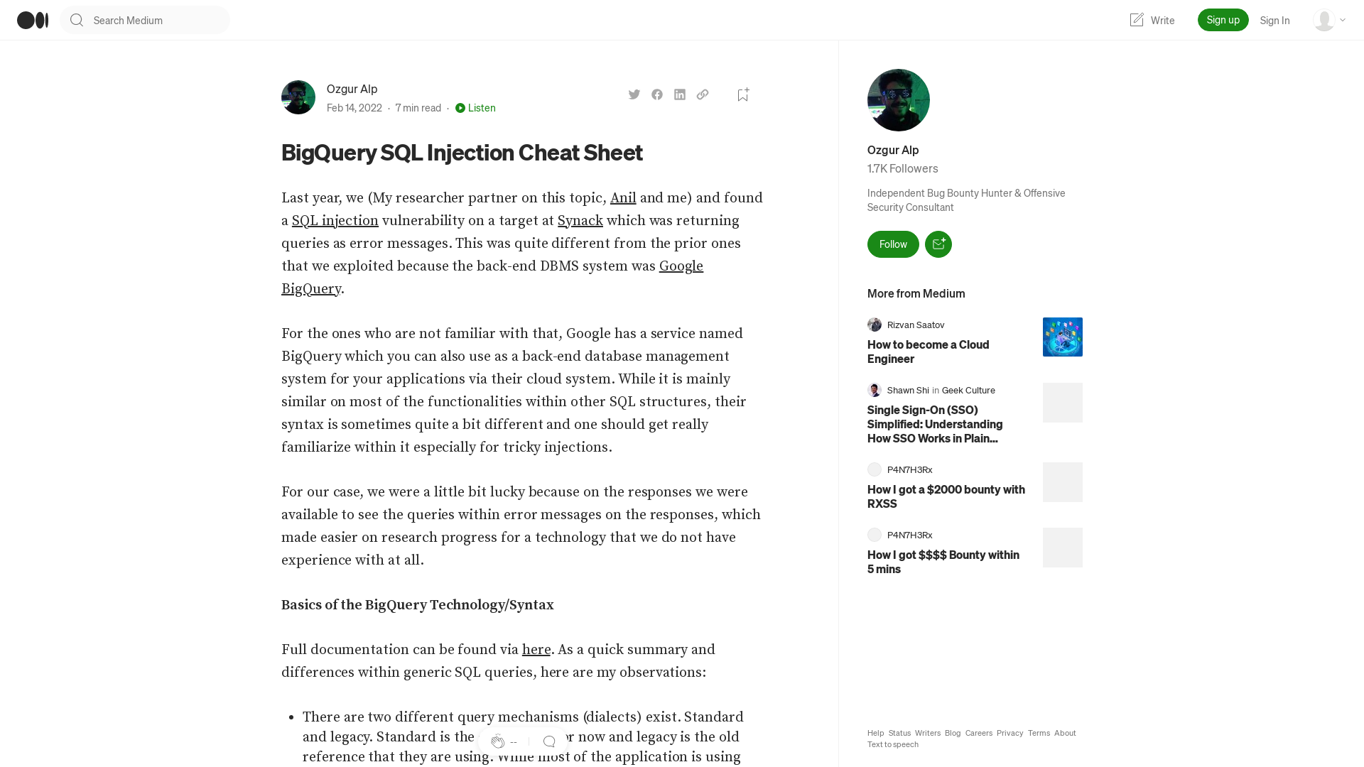 BigQuery SQL Injection Cheat Sheet | by Ozgur Alp | Medium