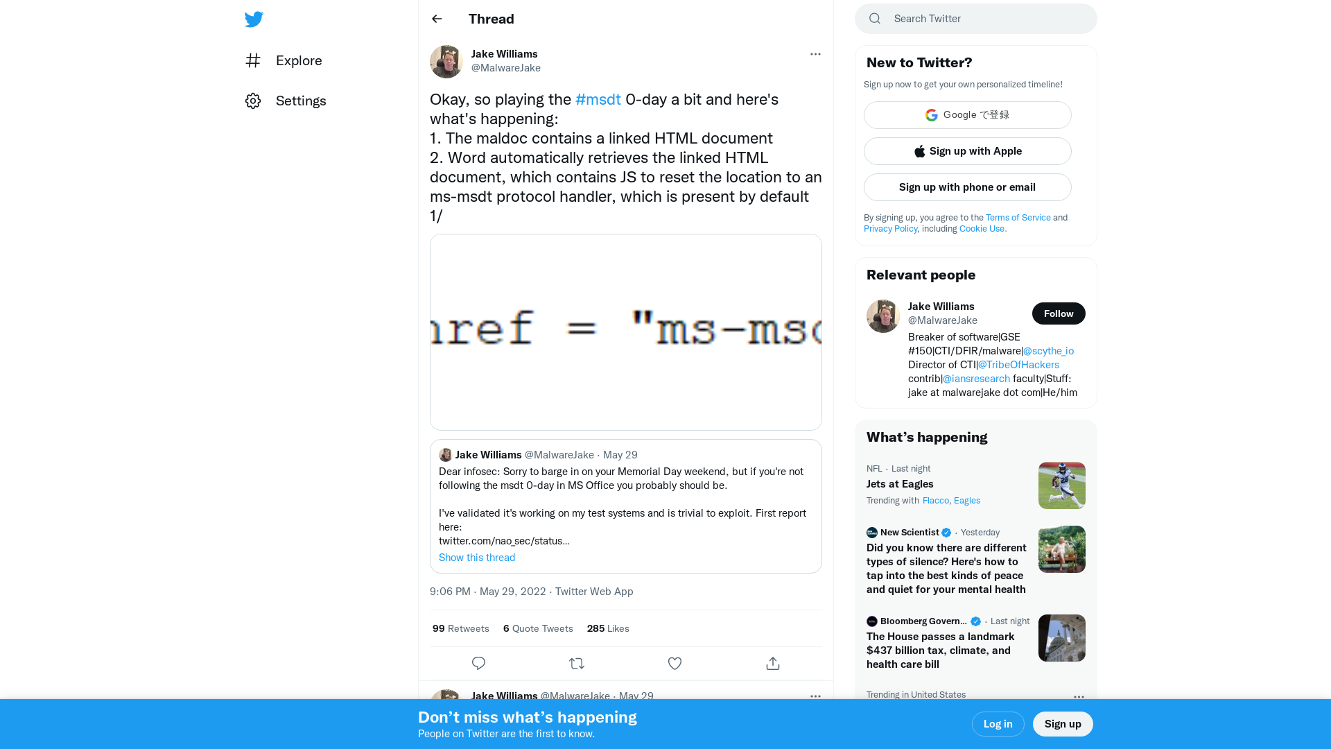 Jake Williams on Twitter: "Okay, so playing the #msdt 0-day a bit and here's what's happening: 1. The maldoc contains a linked HTML document 2. Word automatically retrieves the linked HTML document, which contains JS to reset the location to an ms-msdt protocol handler, which is present by default 1/ https://t.co/aJ1KenTvf1" / Twitter