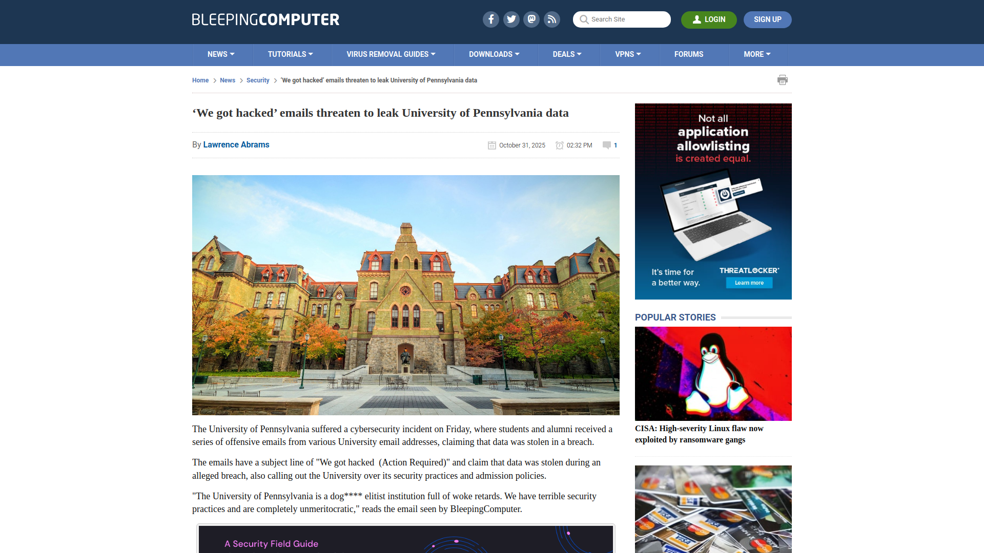 ‘We got hacked’ emails threaten to leak University of Pennsylvania data