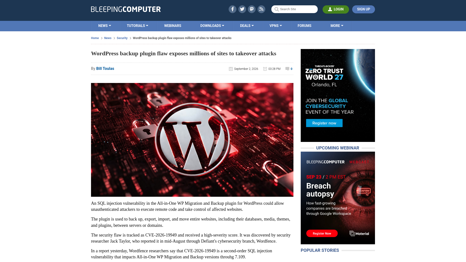 WordPress backup plugin flaw exposes millions of sites to takeover attacks