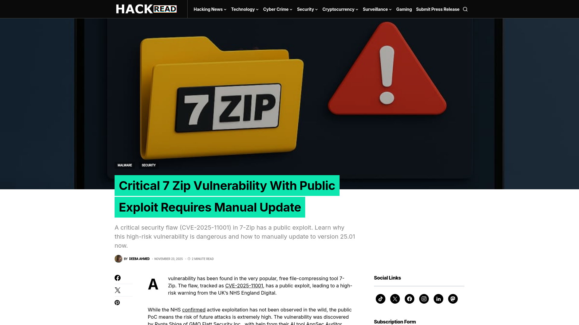 Critical 7 Zip Vulnerability With Public Exploit Requires Manual Update – Hackread – Cybersecurity News, Data Breaches, Tech, AI, Crypto and More