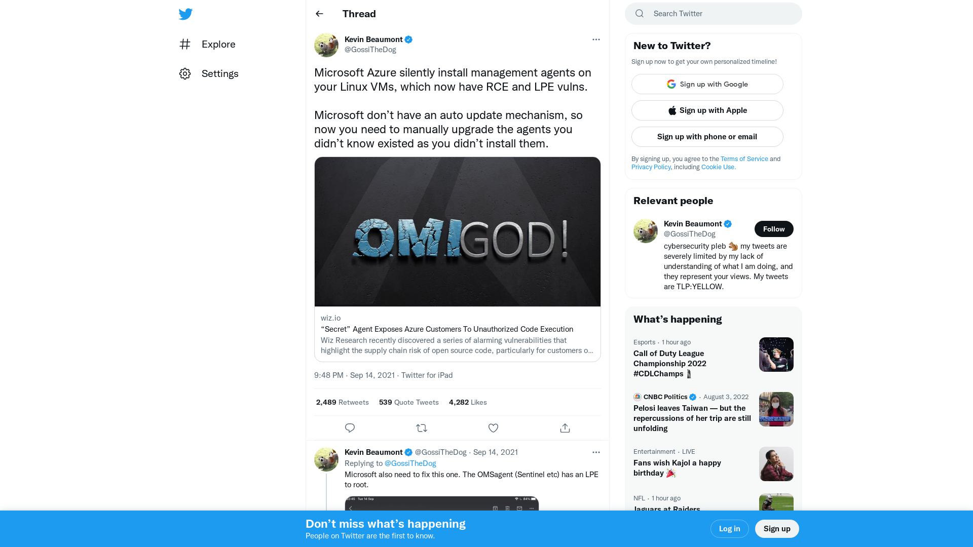 Kevin Beaumont on Twitter: "Microsoft Azure silently install management agents on your Linux VMs, which now have RCE and LPE vulns. Microsoft don’t have an auto update mechanism, so now you need to manually upgrade the agents you didn’t know existed as you didn’t install them. https://t.co/czavbvt8LT" / Twitter