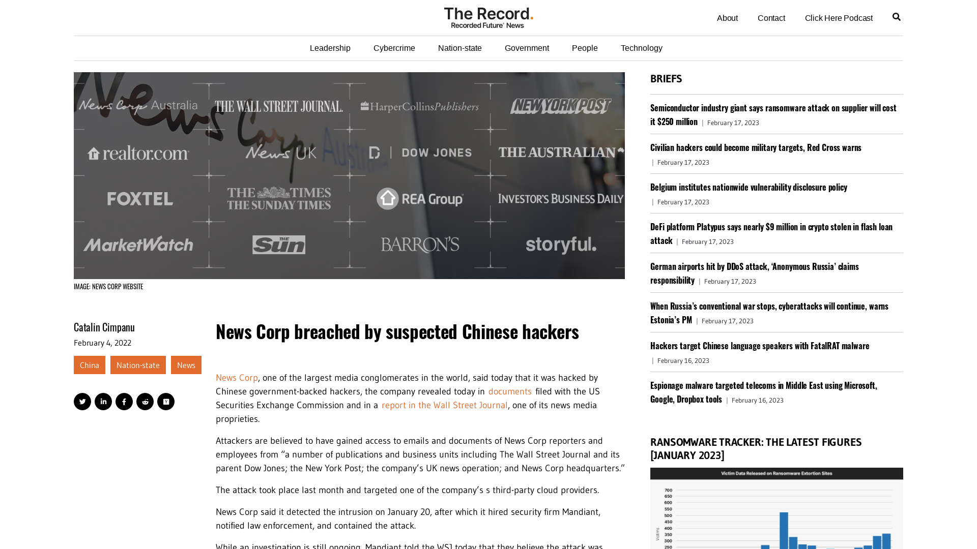 News Corp breached by suspected Chinese hackers - The Record from Recorded Future News