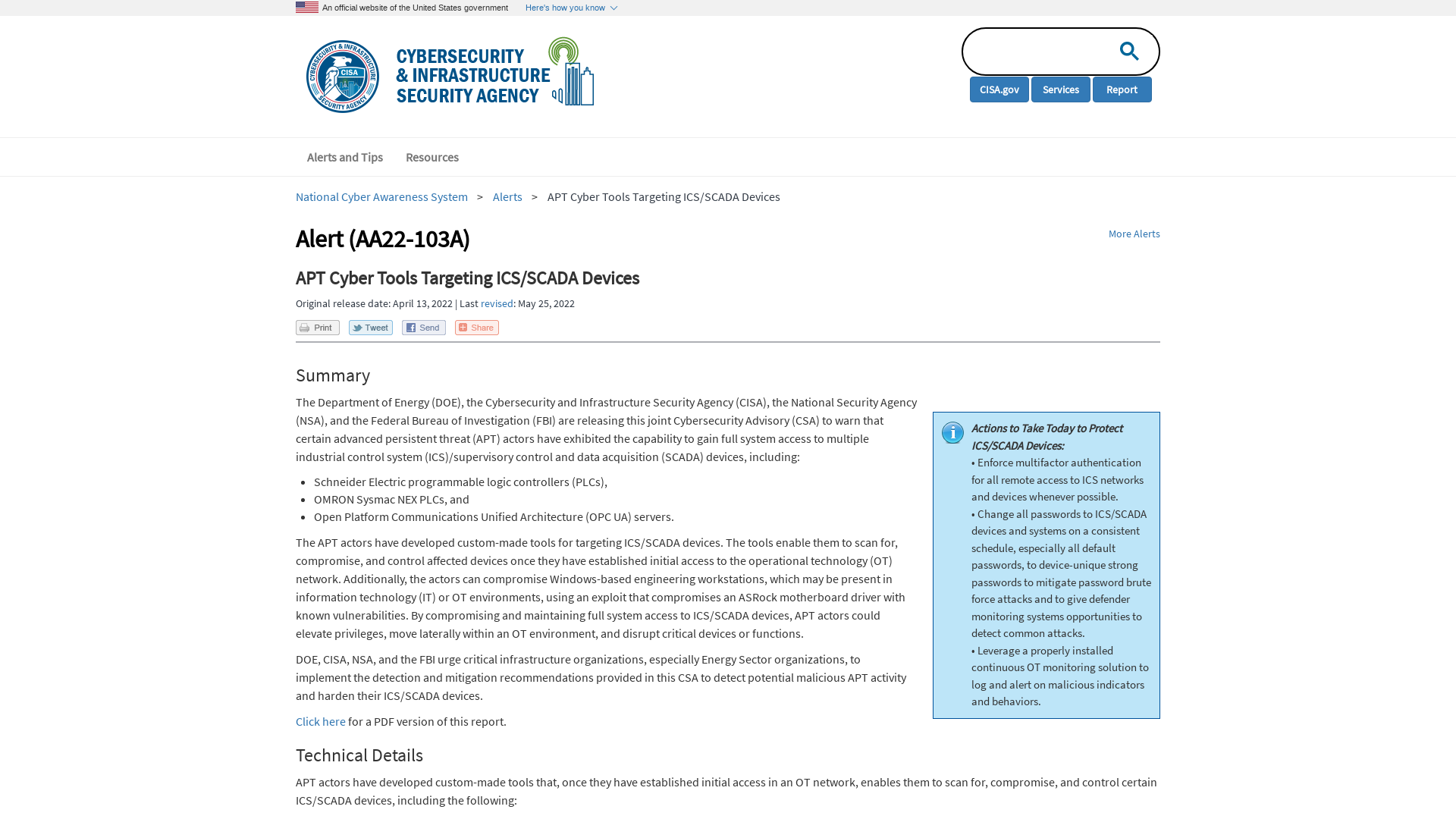 APT Cyber Tools Targeting ICS/SCADA Devices | CISA