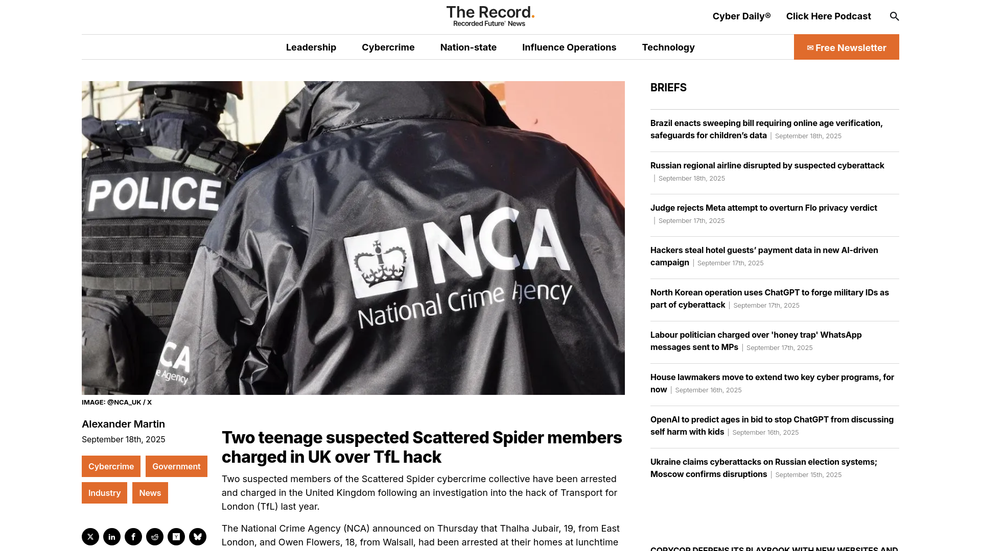 Two teenage suspected Scattered Spider members charged in UK over TfL hack | The Record from Recorded Future News