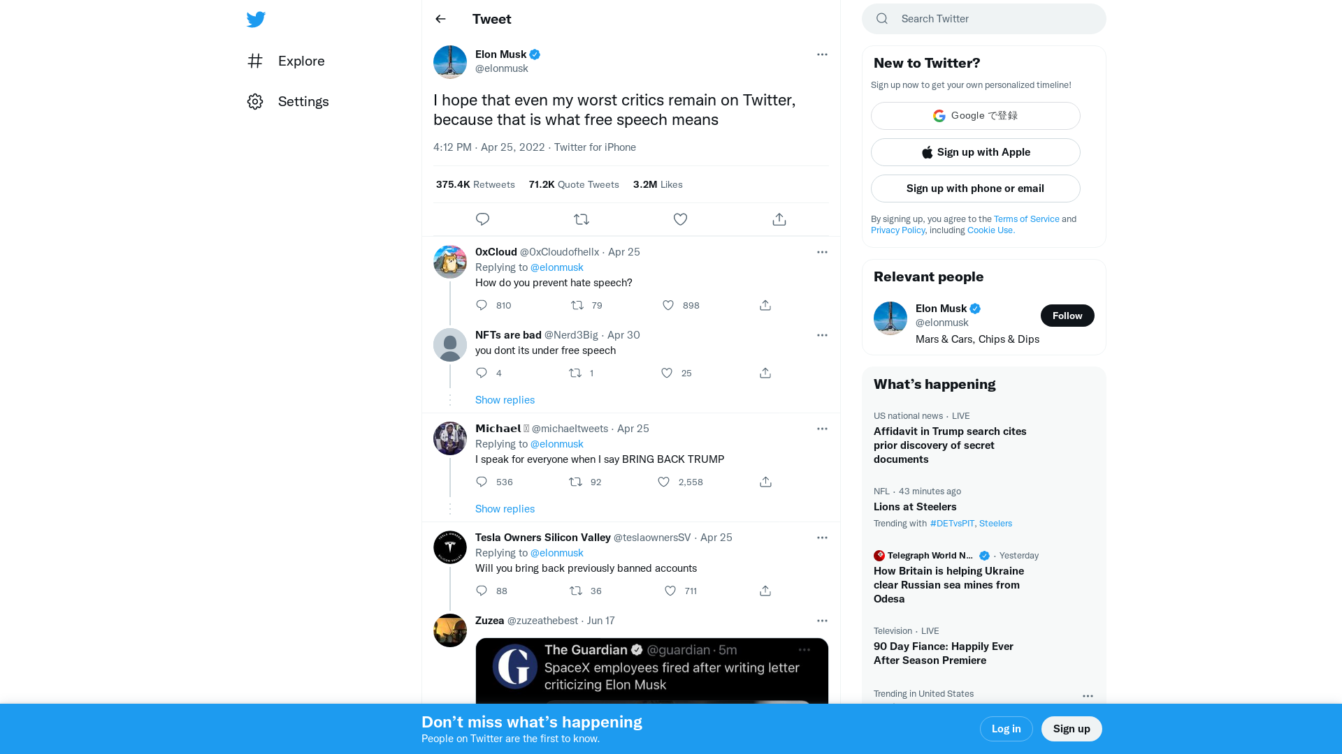 Elon Musk on Twitter: "I hope that even my worst critics remain on Twitter, because that is what free speech means" / Twitter