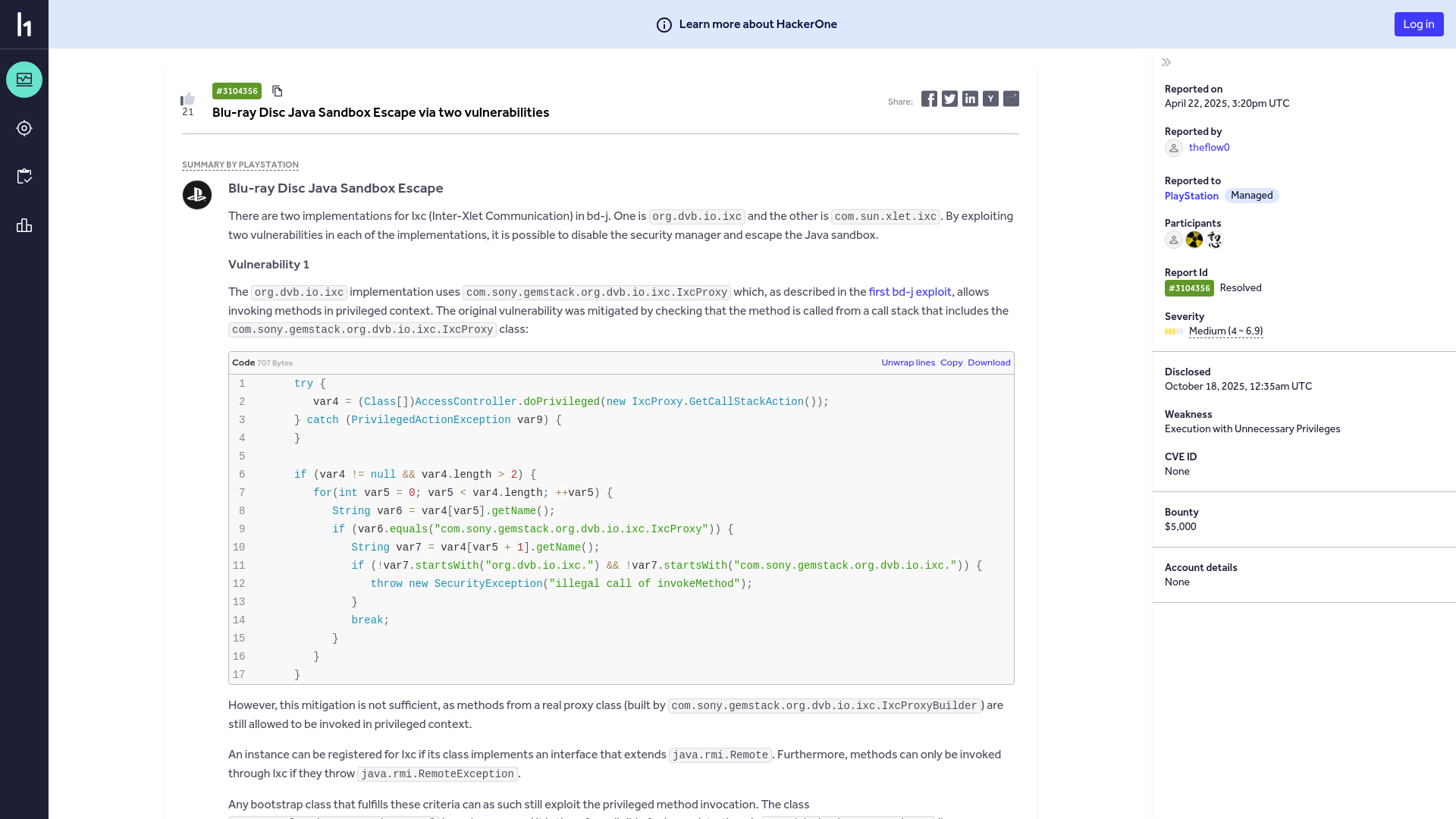 PlayStation | Report #3104356 - Blu-ray Disc Java Sandbox Escape via two vulnerabilities | HackerOne