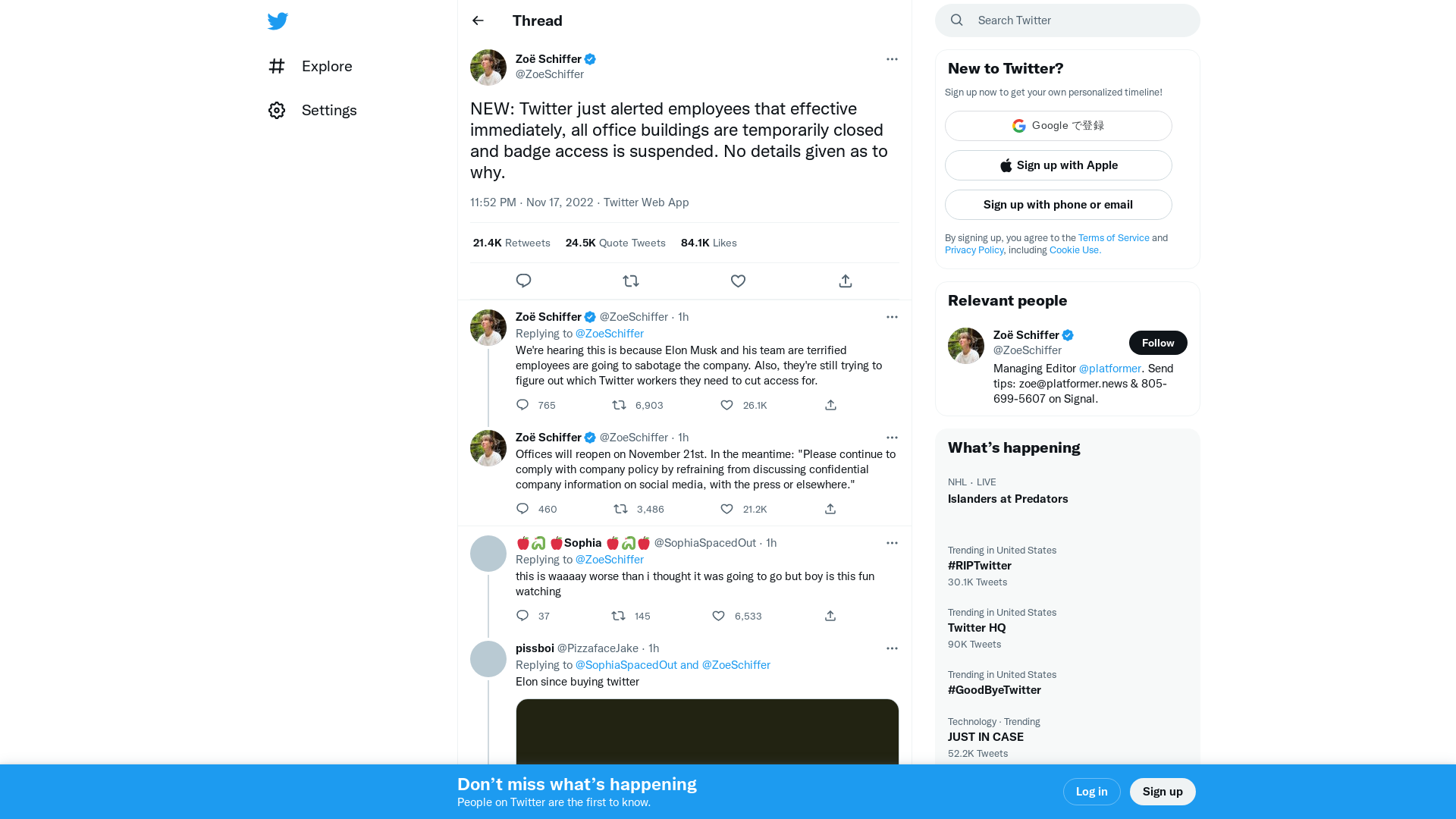 Zoë Schiffer on Twitter: "NEW: Twitter just alerted employees that effective immediately, all office buildings are temporarily closed and badge access is suspended. No details given as to why." / Twitter