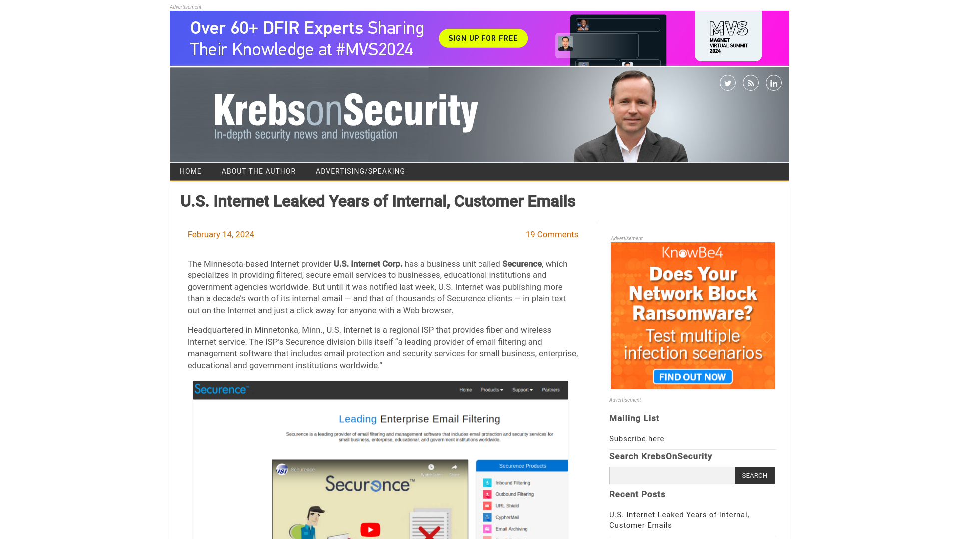 U.S. Internet Leaked Years of Internal, Customer Emails – Krebs on Security