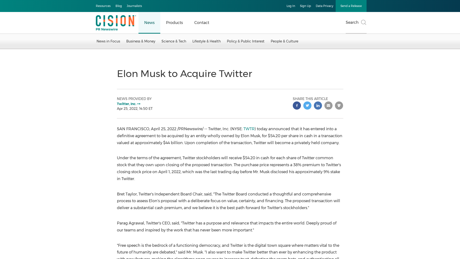 Elon Musk to Acquire Twitter