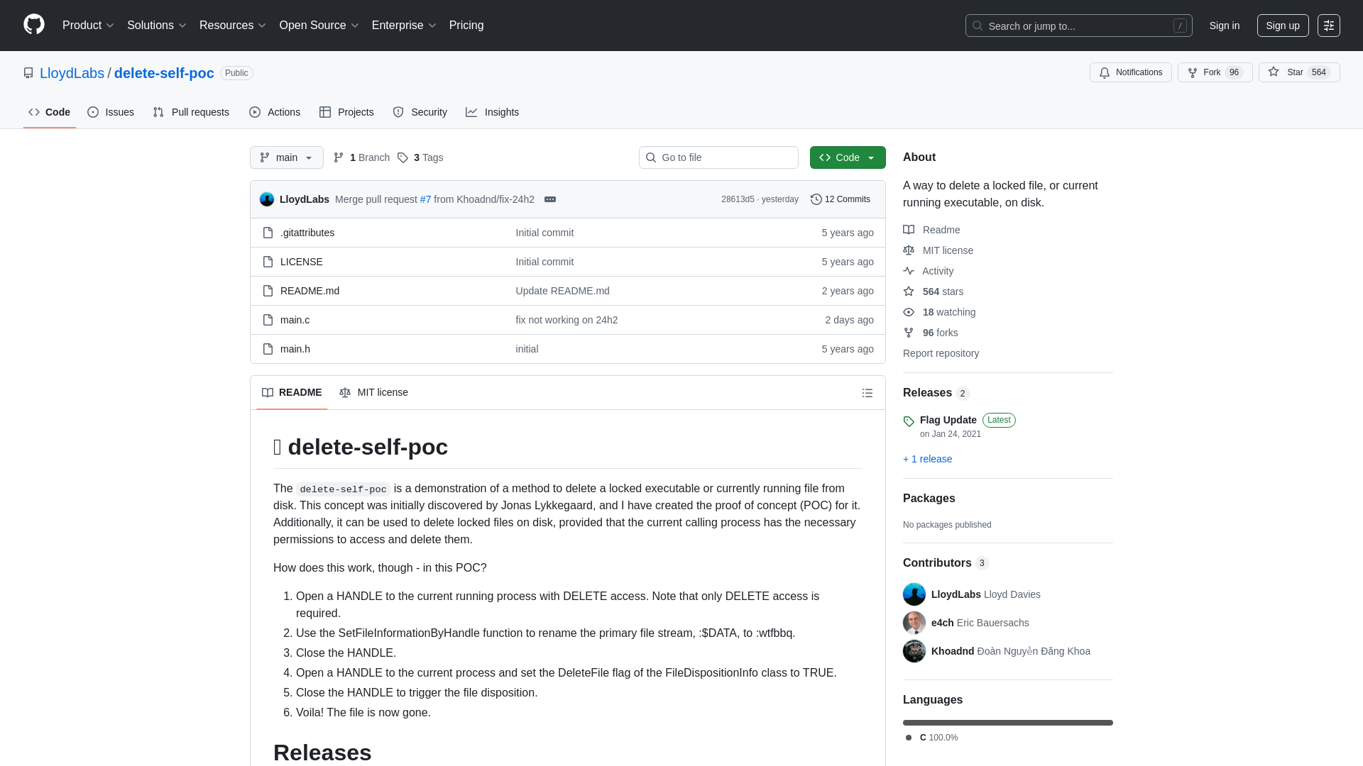 GitHub - LloydLabs/delete-self-poc: A way to delete a locked file, or current running executable, on disk.