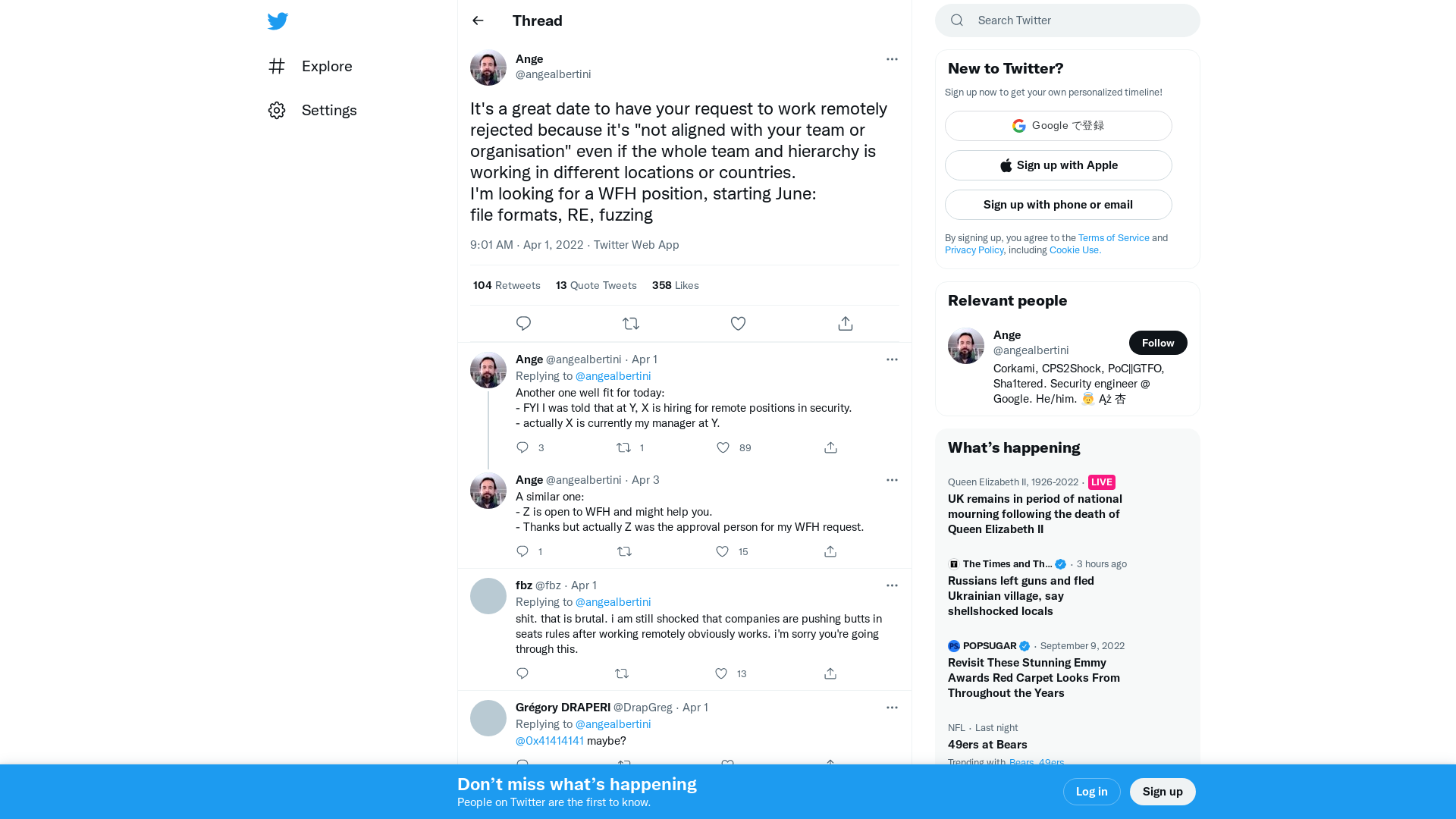 Ange on Twitter: "It's a great date to have your request to work remotely rejected because it's "not aligned with your team or organisation" even if the whole team and hierarchy is working in different locations or countries. I'm looking for a WFH position, starting June: file formats, RE, fuzzing" / Twitter