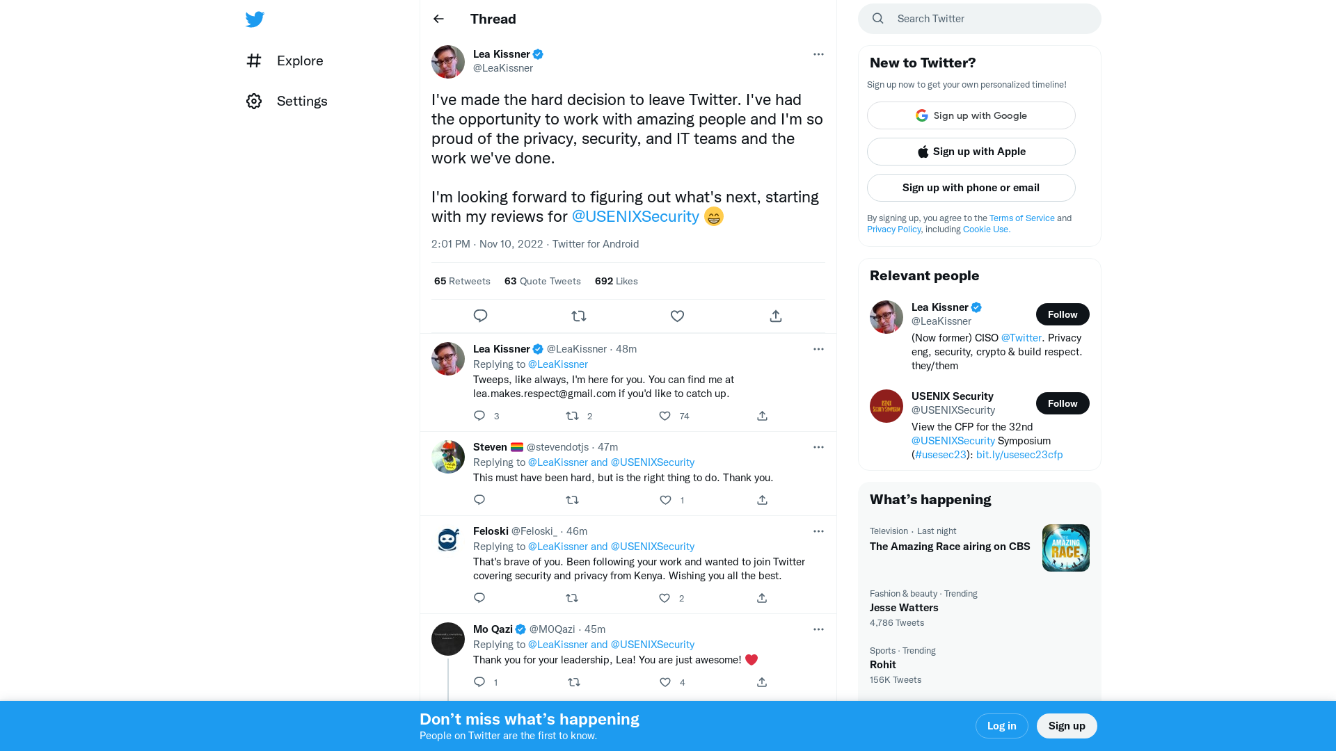 Lea Kissner on Twitter: "I've made the hard decision to leave Twitter. I've had the opportunity to work with amazing people and I'm so proud of the privacy, security, and IT teams and the work we've done. I'm looking forward to figuring out what's next, starting with my reviews for @USENIXSecurity 😁" / Twitter