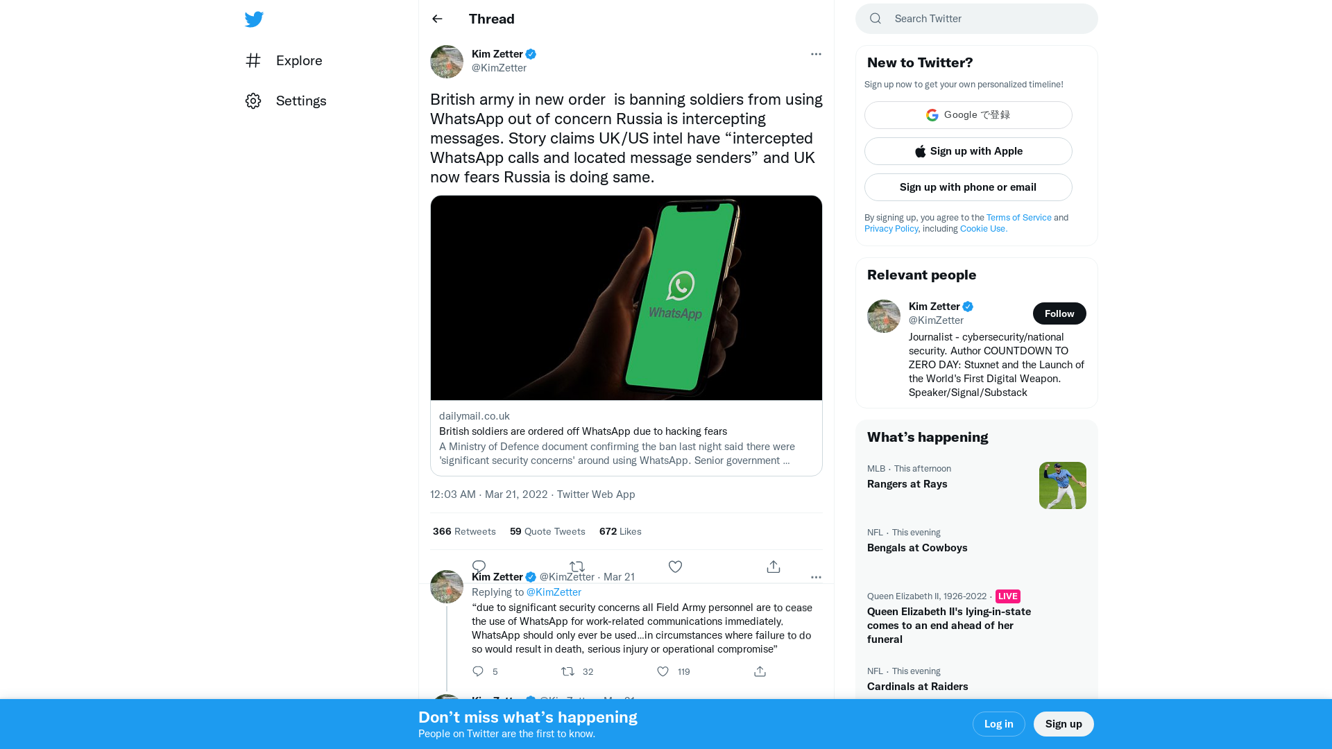 Kim Zetter on Twitter: "British army in new order is banning soldiers from using WhatsApp out of concern Russia is intercepting messages. Story claims UK/US intel have “intercepted WhatsApp calls and located message senders” and UK now fears Russia is doing same. https://t.co/k1IgofVhIo" / Twitter