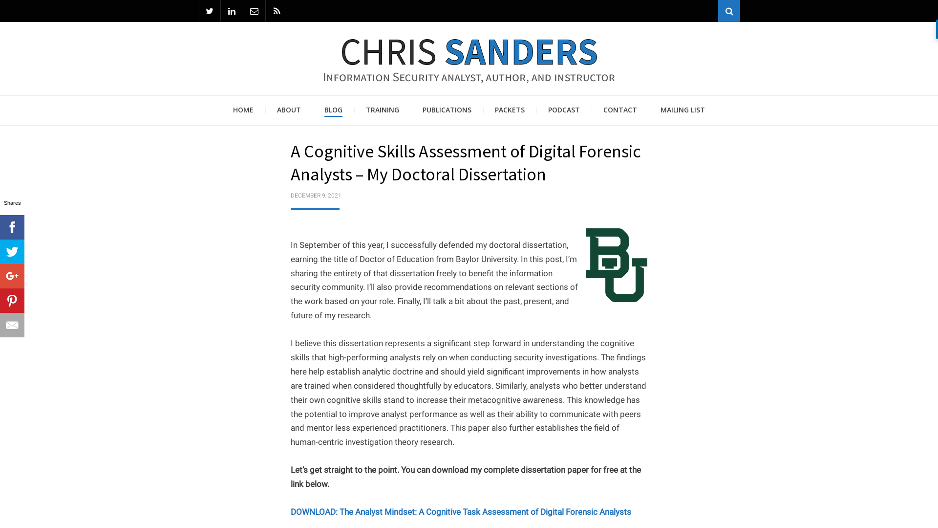 A Cognitive Skills Assessment of Digital Forensic Analysts – My Doctoral Dissertation | Chris Sanders