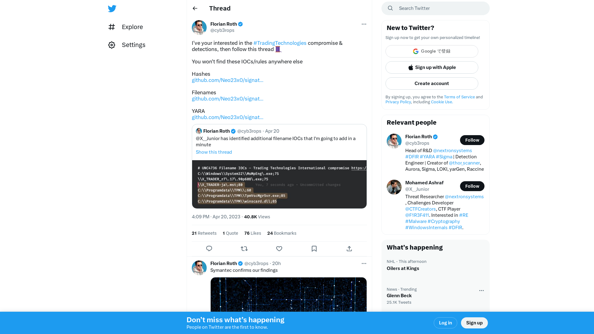 Florian Roth on Twitter: "I've your interested in the #TradingTechnologies compromise &amp; detections, then follow this thread 🧵 You won't find these IOCs/rules anywhere else Hashes https://t.co/K6HuFN5xyG Filenames https://t.co/UECPqnQWTI YARA https://t.co/Lrdx2yLzp3" / Twitter