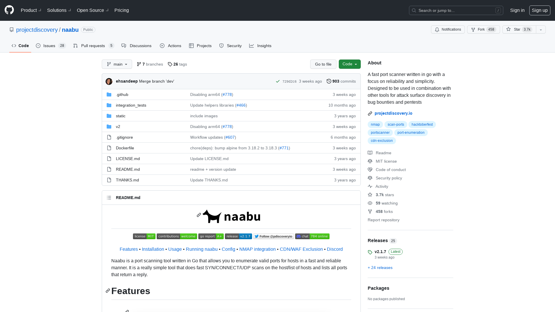 GitHub - projectdiscovery/naabu: A fast port scanner written in go with a focus on reliability and simplicity. Designed to be used in combination with other tools for attack surface discovery in bug bounties and pentests