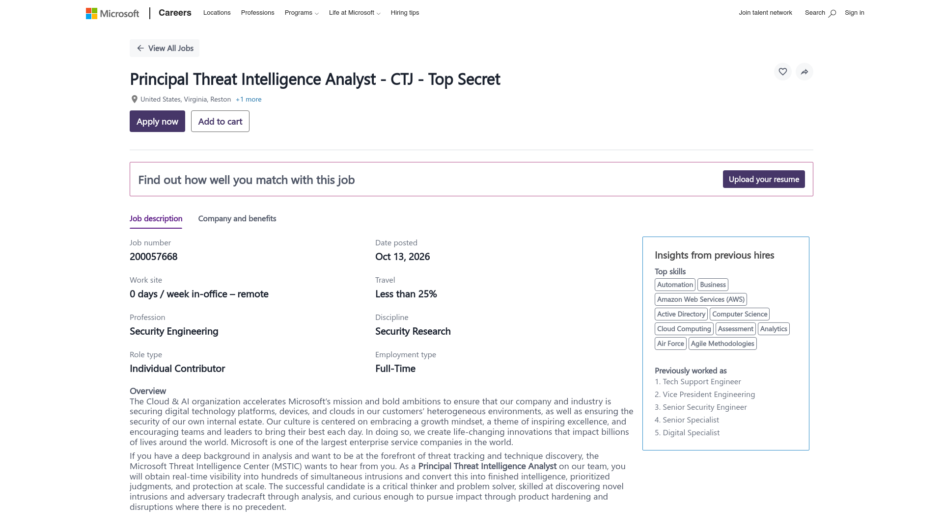 Principal Threat Intelligence Analyst - CTJ - Top Secret | Microsoft Careers