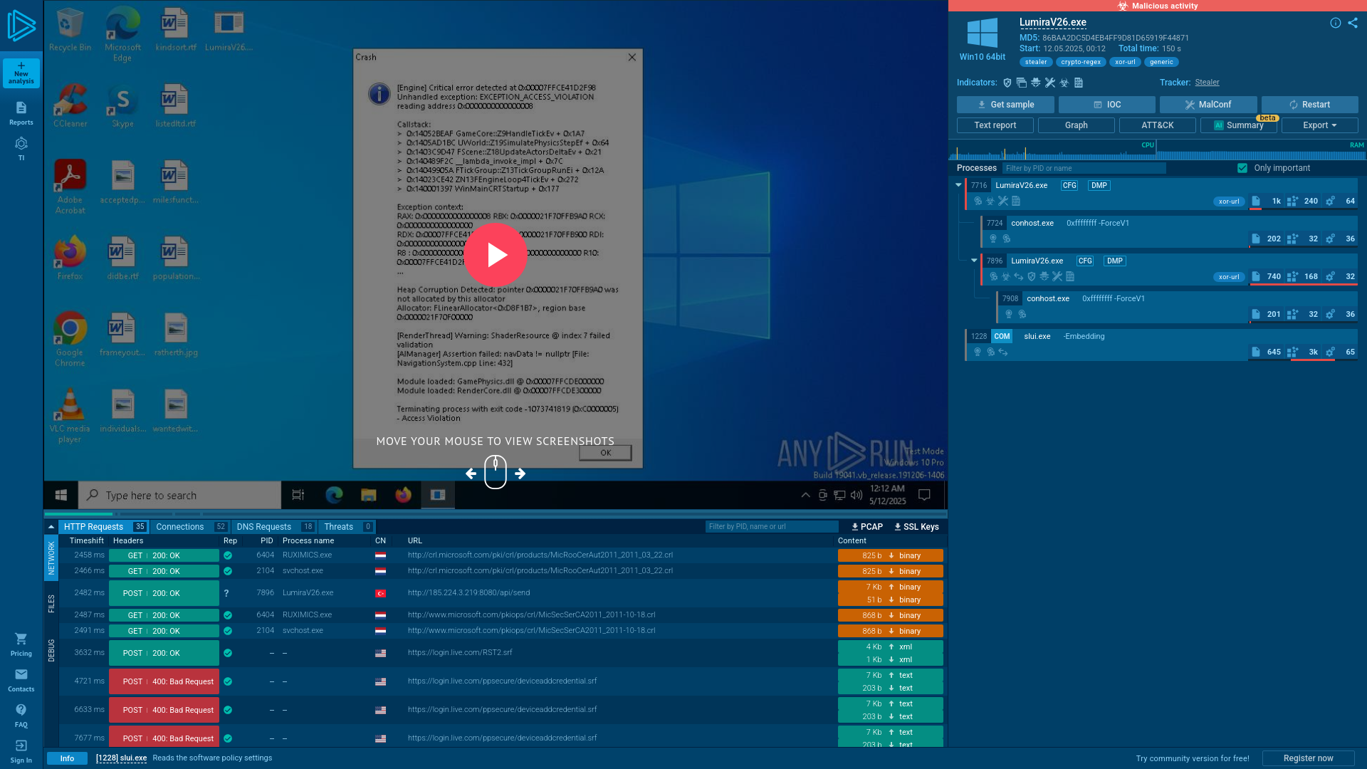 Analysis LumiraV26.exe (MD5: 86BAA2DC5D4EB4FF9D81D65919F44871) Malicious activity - Interactive analysis ANY.RUN
