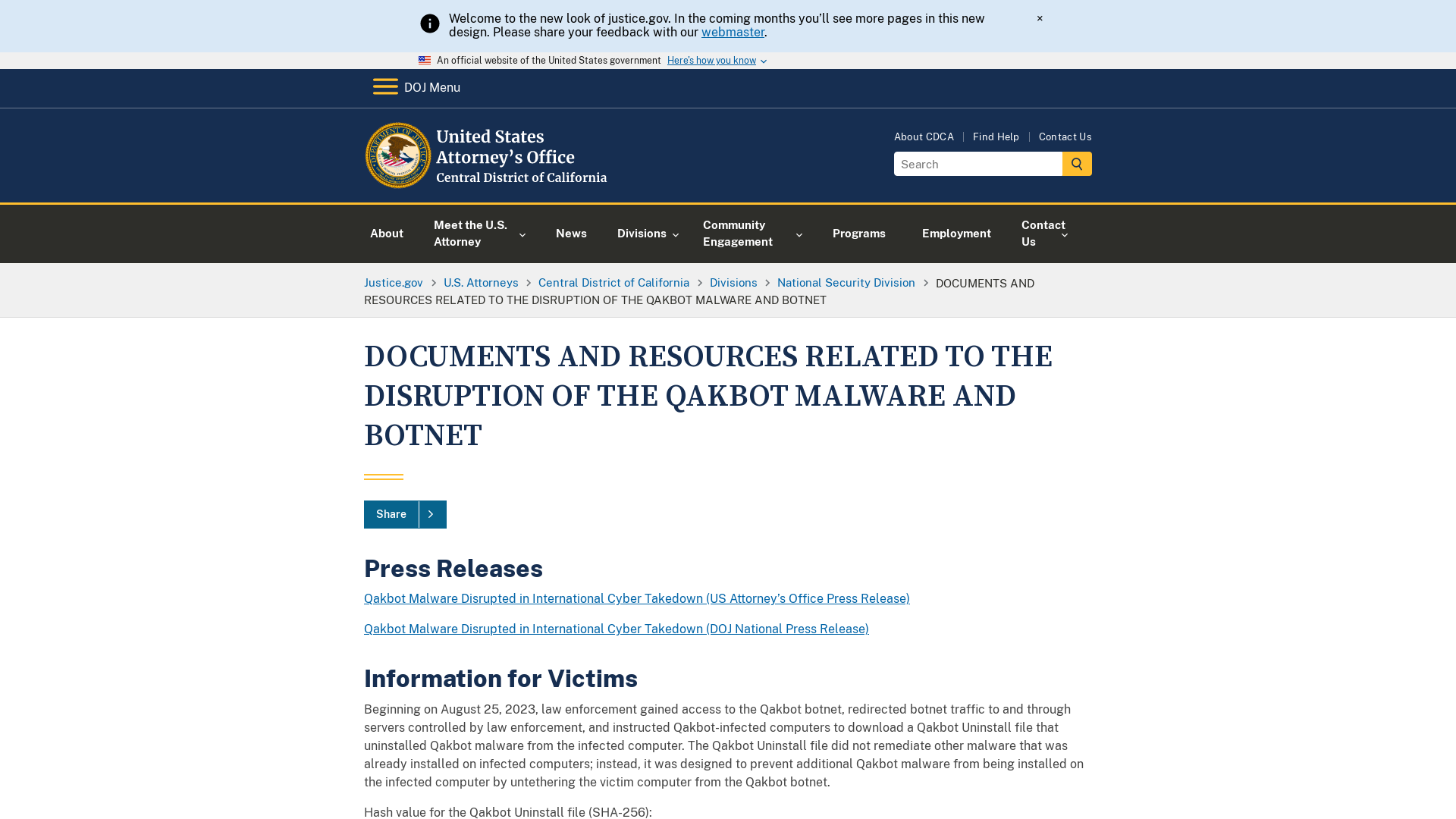 Central District of California | DOCUMENTS AND RESOURCES RELATED TO THE DISRUPTION OF THE QAKBOT MALWARE AND BOTNET