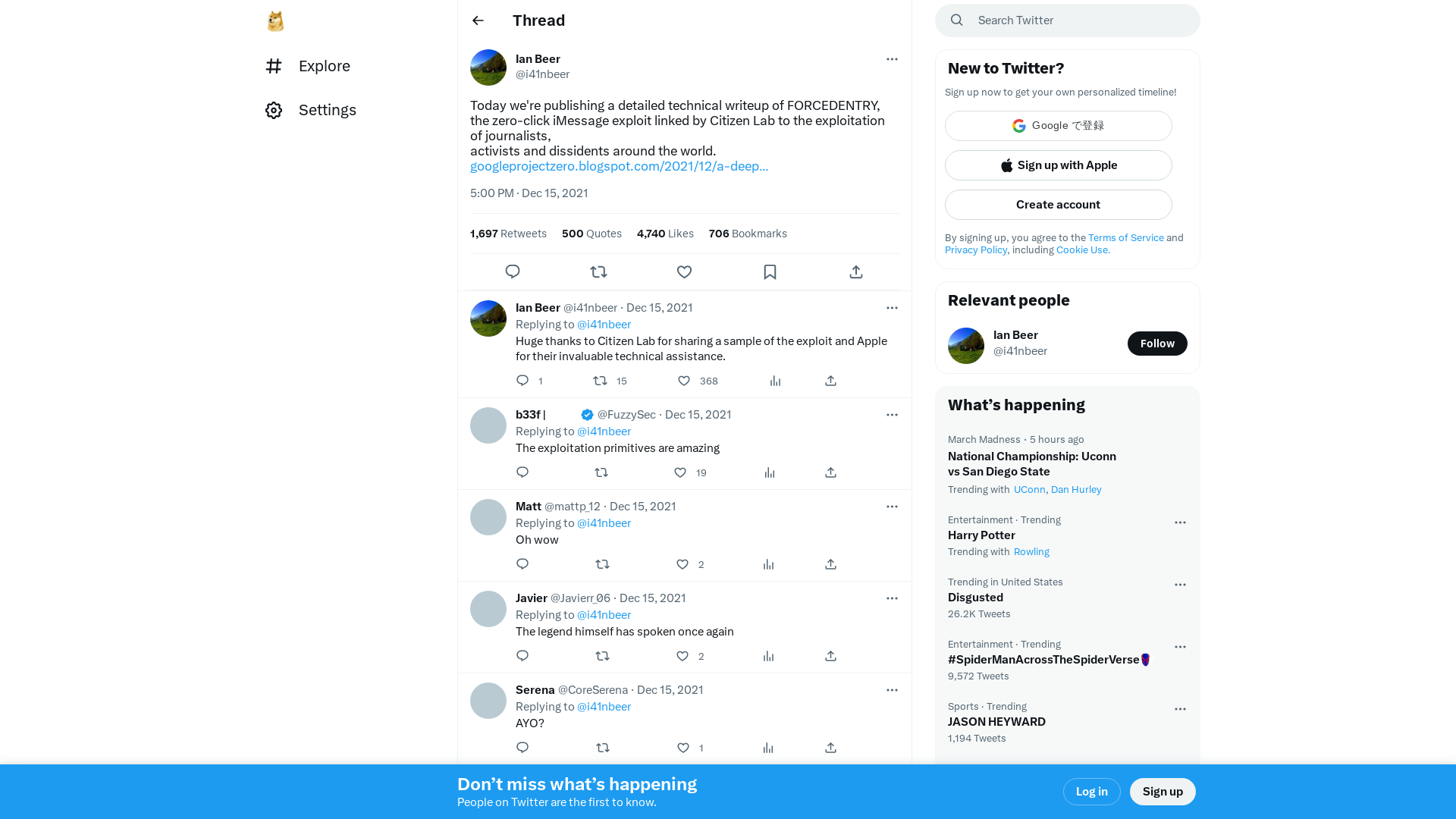 Ian Beer on Twitter: "Today we're publishing a detailed technical writeup of FORCEDENTRY, the zero-click iMessage exploit linked by Citizen Lab to the exploitation of journalists, activists and dissidents around the world. https://t.co/RYsqpTHF5j" / Twitter