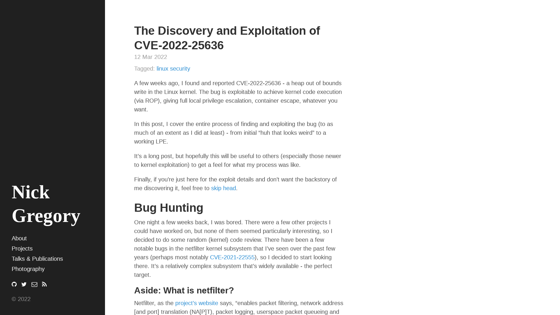 The Discovery and Exploitation of CVE-2022-25636 · Nick Gregory