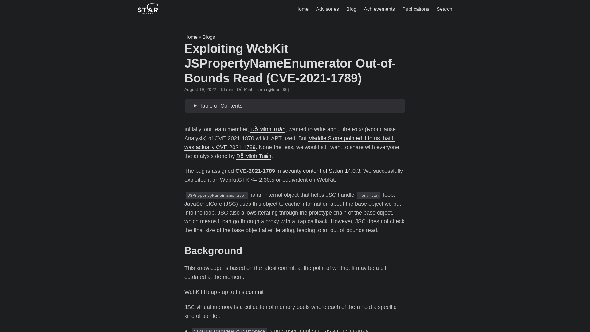 Exploiting WebKit JSPropertyNameEnumerator Out-of-Bounds Read (CVE-2021-1789) | STAR Labs