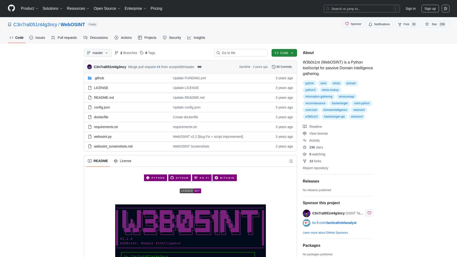 GitHub - C3n7ral051nt4g3ncy/WebOSINT: W3b0s1nt (WebOSINT) is a Python tool/script for passive Domain Intelligence gathering.