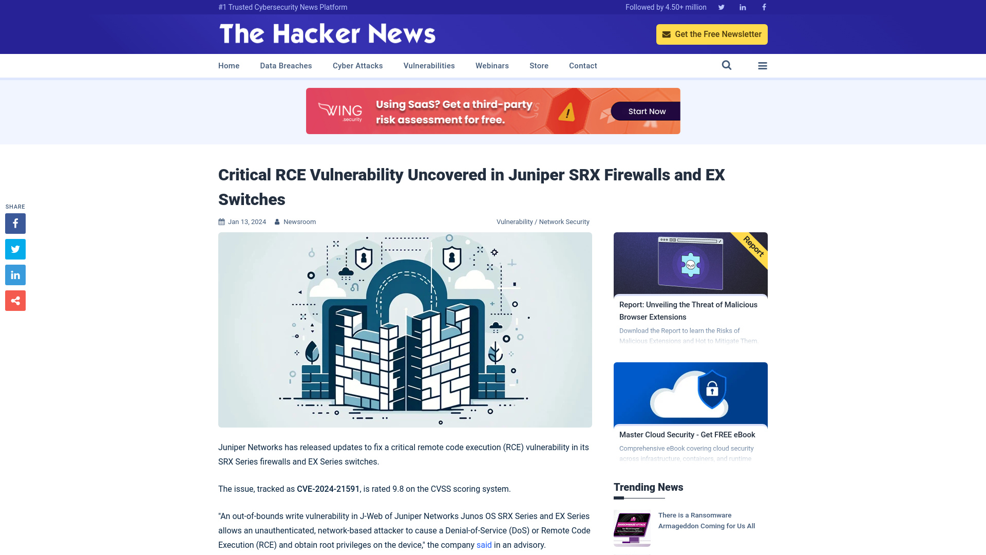 Critical RCE Vulnerability Uncovered in Juniper SRX Firewalls and EX Switches