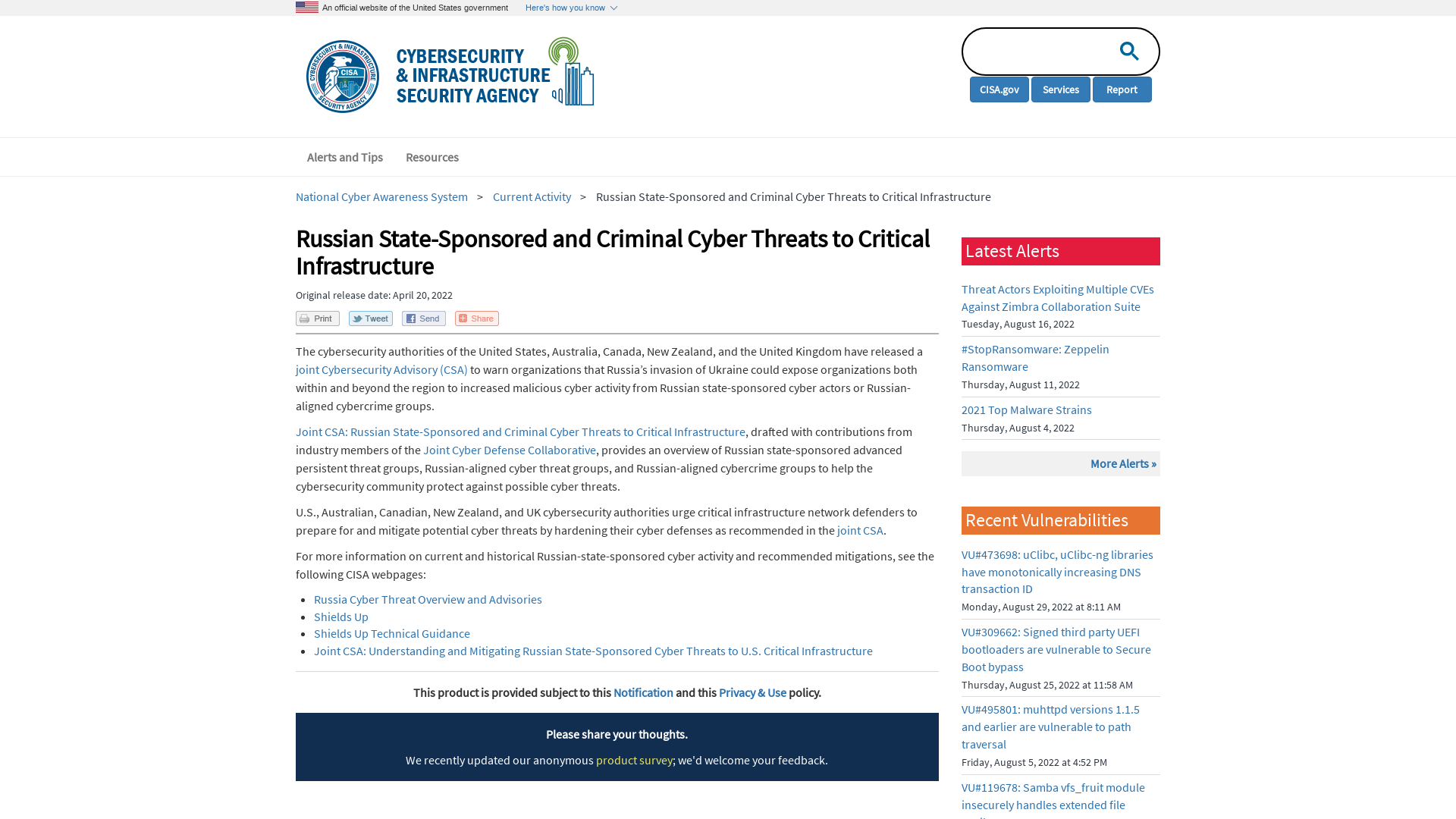 Russian State-Sponsored and Criminal Cyber Threats to Critical Infrastructure | CISA