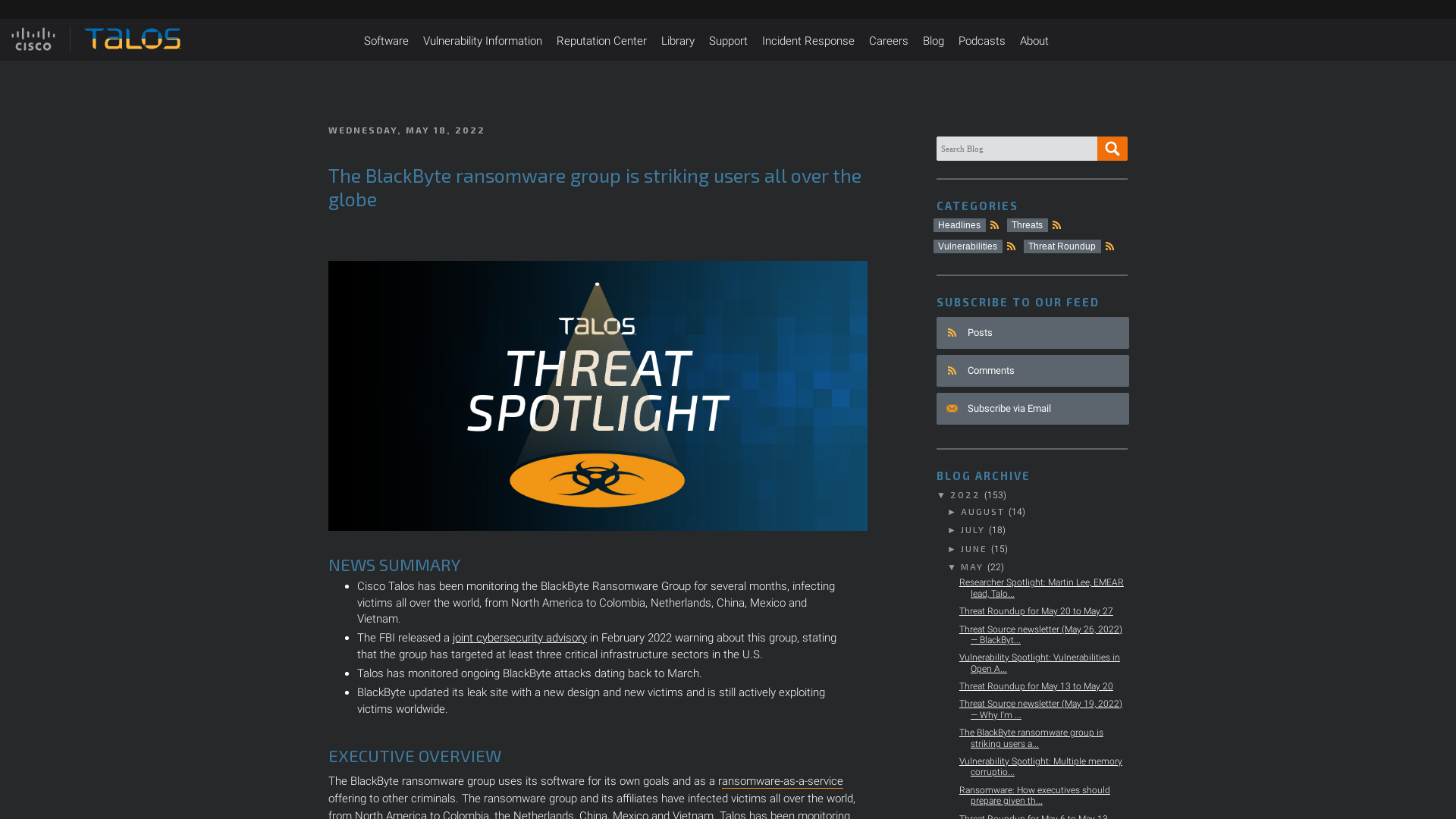 Cisco Talos Intelligence Group - Comprehensive Threat Intelligence: The BlackByte ransomware group is striking users all over the globe