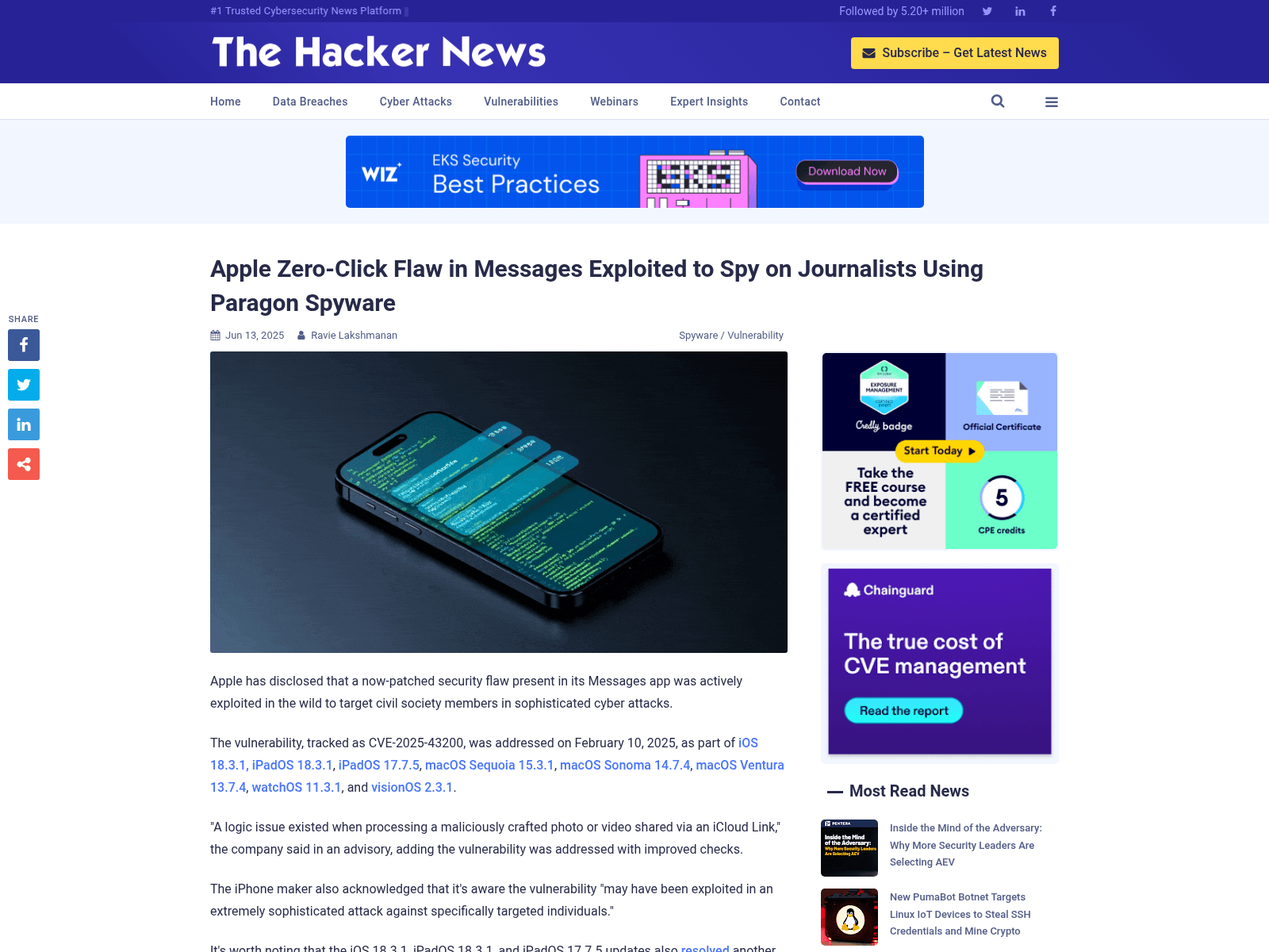 Apple Zero-Click Flaw in Messages Exploited to Spy on Journalists Using Paragon Spyware