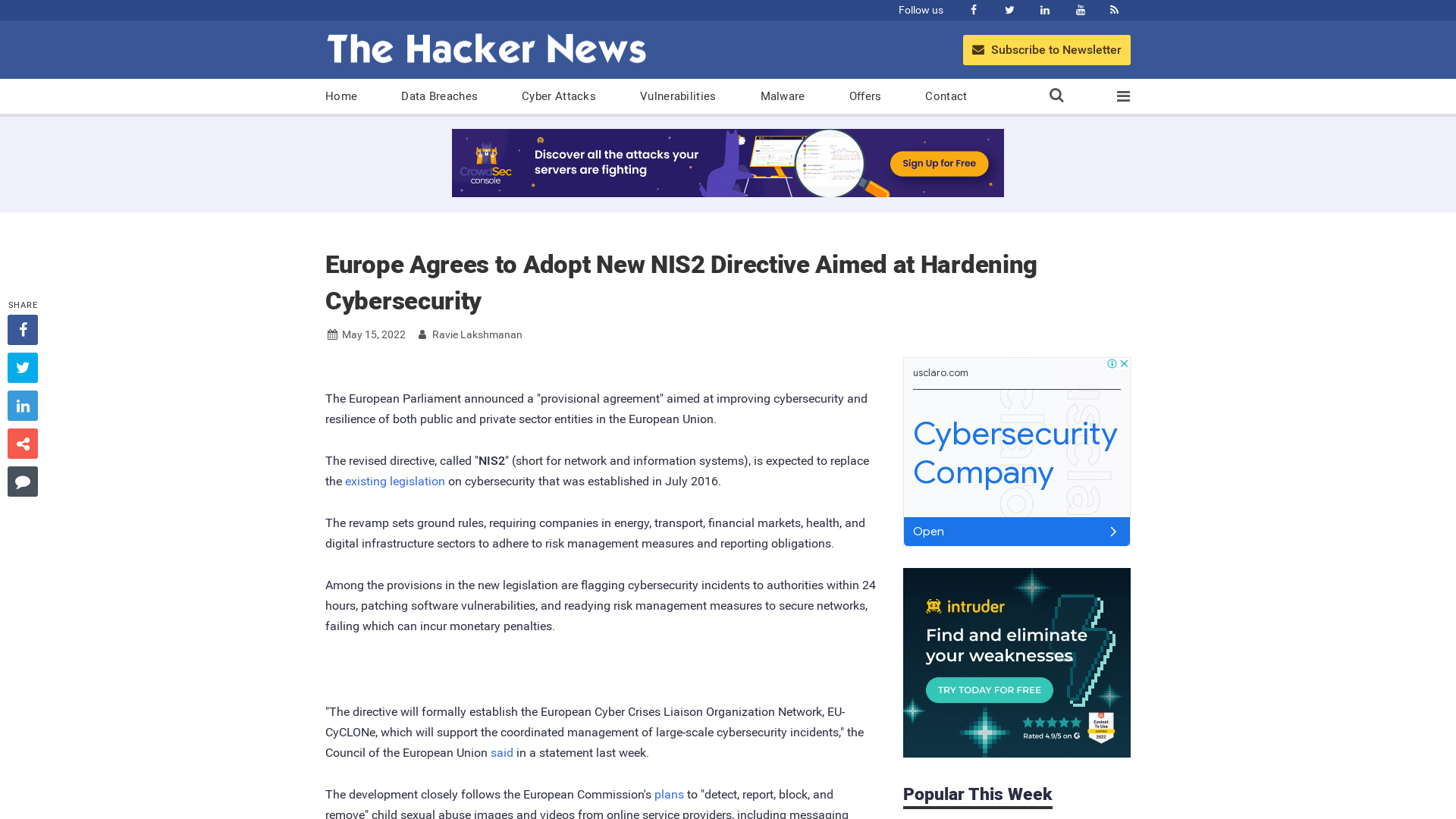 Europe Agrees to Adopt New NIS2 Directive Aimed at Hardening Cybersecurity