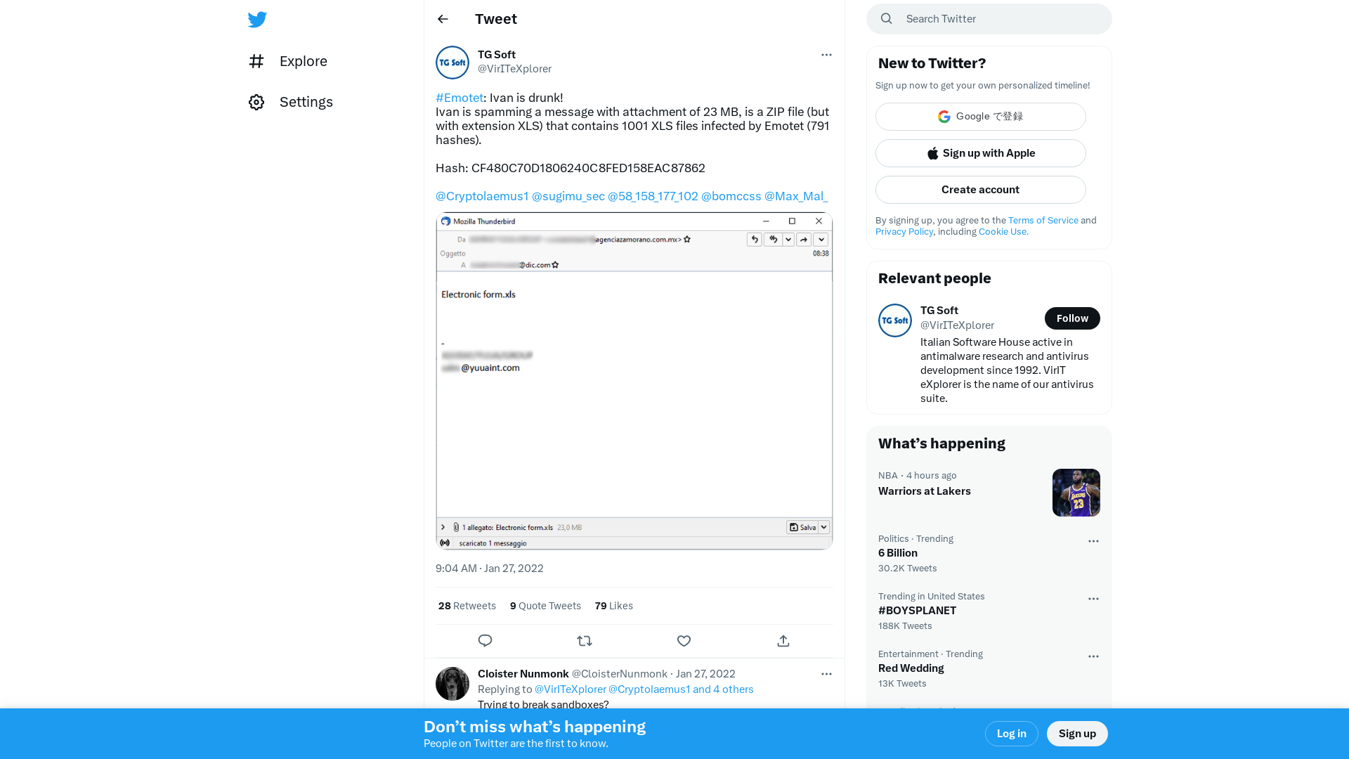 TG Soft on Twitter: "#Emotet: Ivan is drunk! Ivan is spamming a message with attachment of 23 MB, is a ZIP file (but with extension XLS) that contains 1001 XLS files infected by Emotet (791 hashes). Hash: CF480C70D1806240C8FED158EAC87862 @Cryptolaemus1 @sugimu_sec @58_158_177_102 @bomccss @Max_Mal_ https://t.co/qdditkTIpd" / Twitter