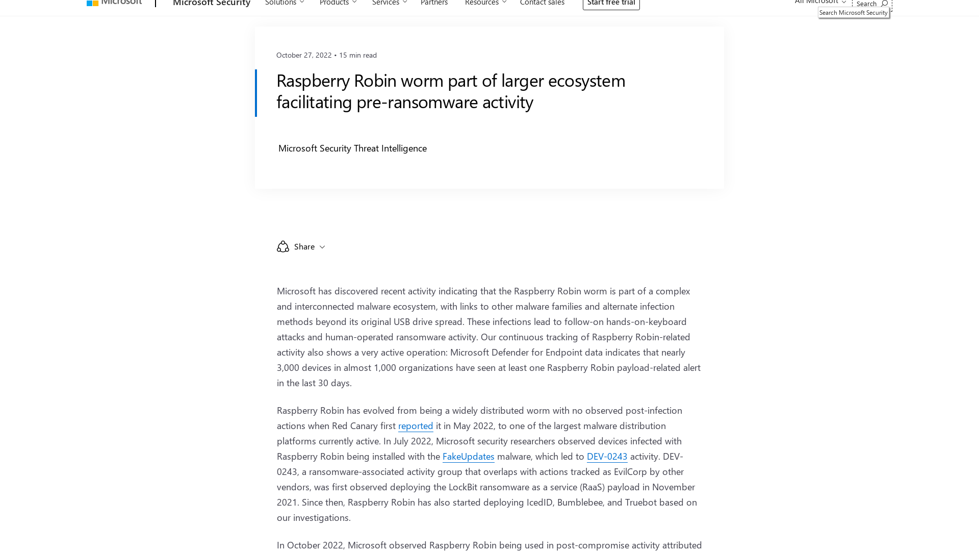 Raspberry Robin worm part of larger ecosystem facilitating pre-ransomware activity - Microsoft Security Blog
