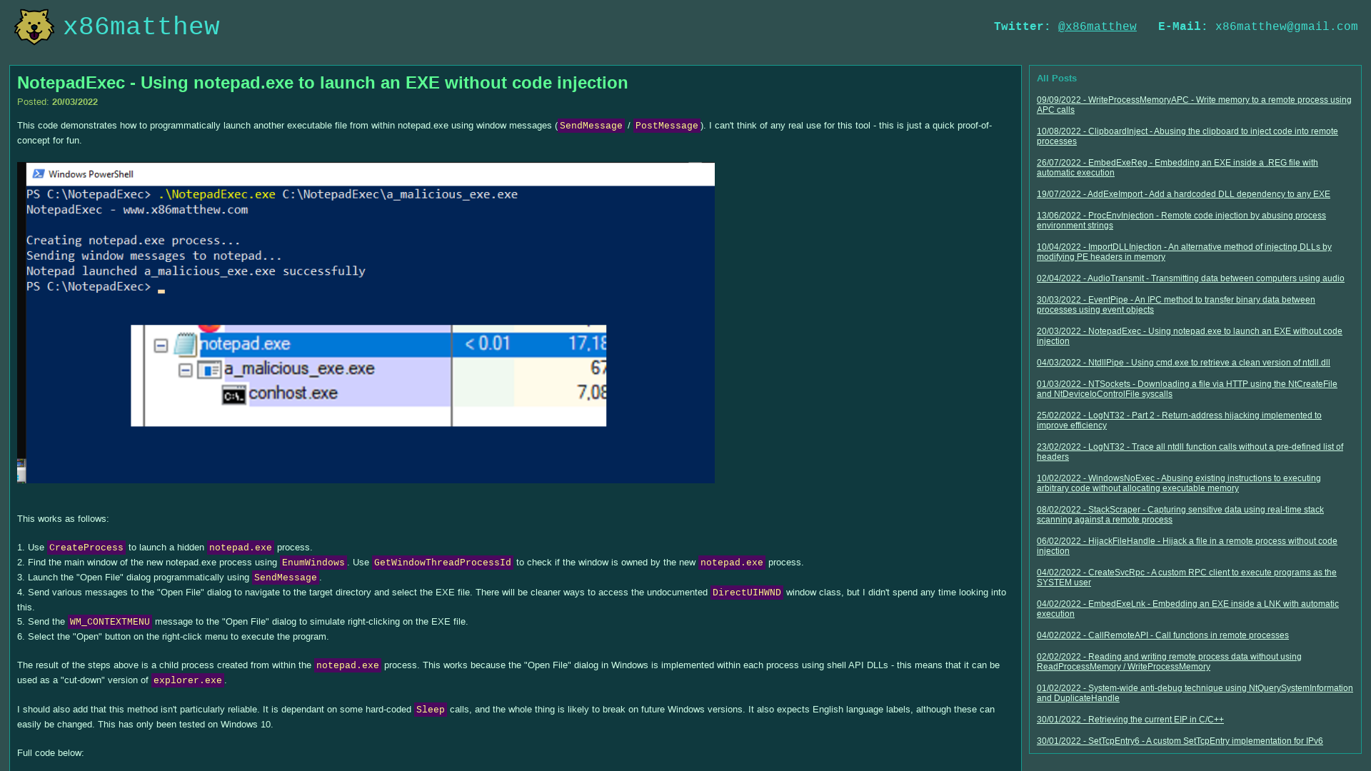 x86matthew - NotepadExec - Using notepad.exe to launch an EXE without code injection