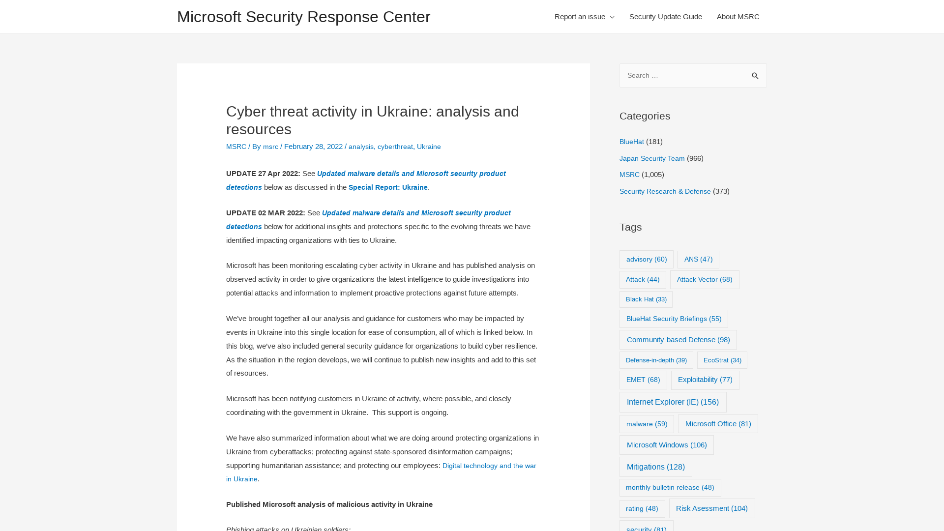 Cyber threat activity in Ukraine: analysis and resources – Microsoft Security Response Center