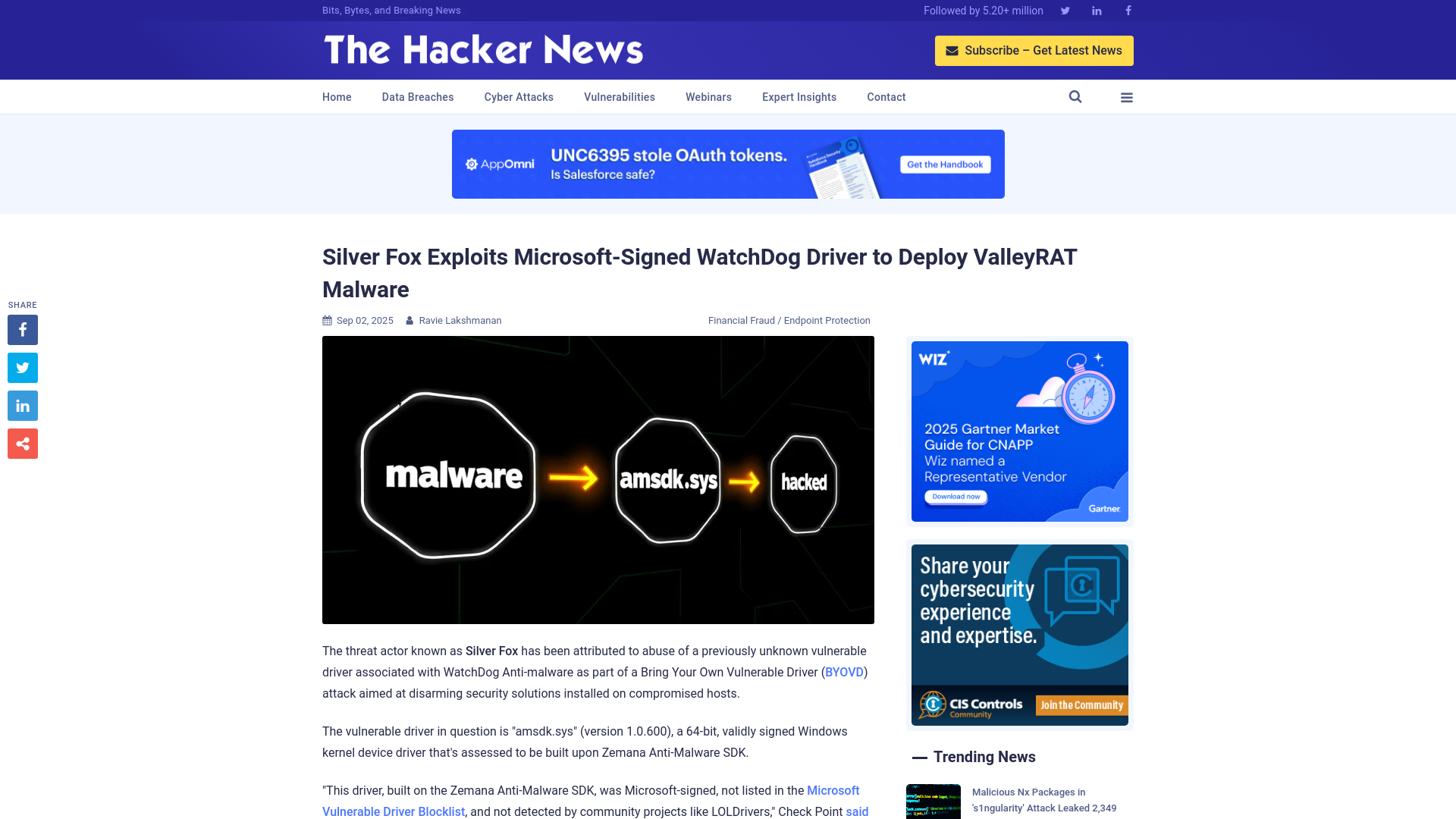 Silver Fox Exploits Microsoft-Signed WatchDog Driver to Deploy ValleyRAT Malware