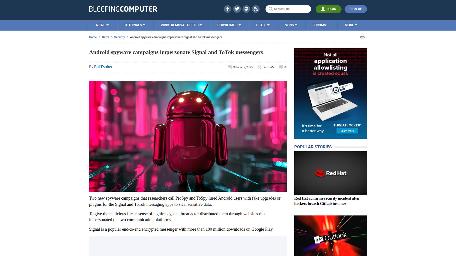 Android spyware campaigns impersonate Signal and ToTok messengers