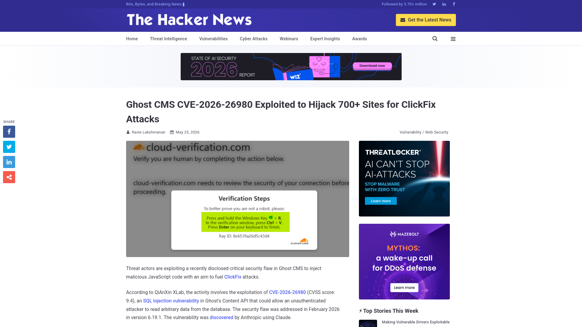 Ghost CMS CVE-2026-26980 Exploited to Hijack 700+ Sites for ClickFix Attacks