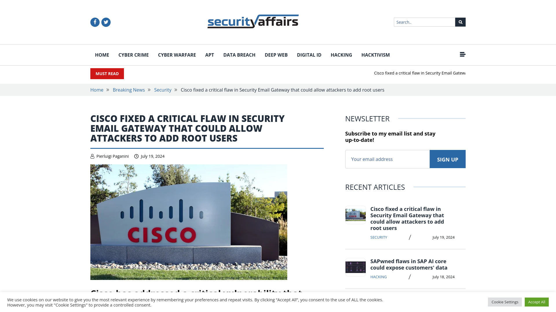 Cisco fixed a critical flaw in Security Email Gateway that could allow attackers to add root users