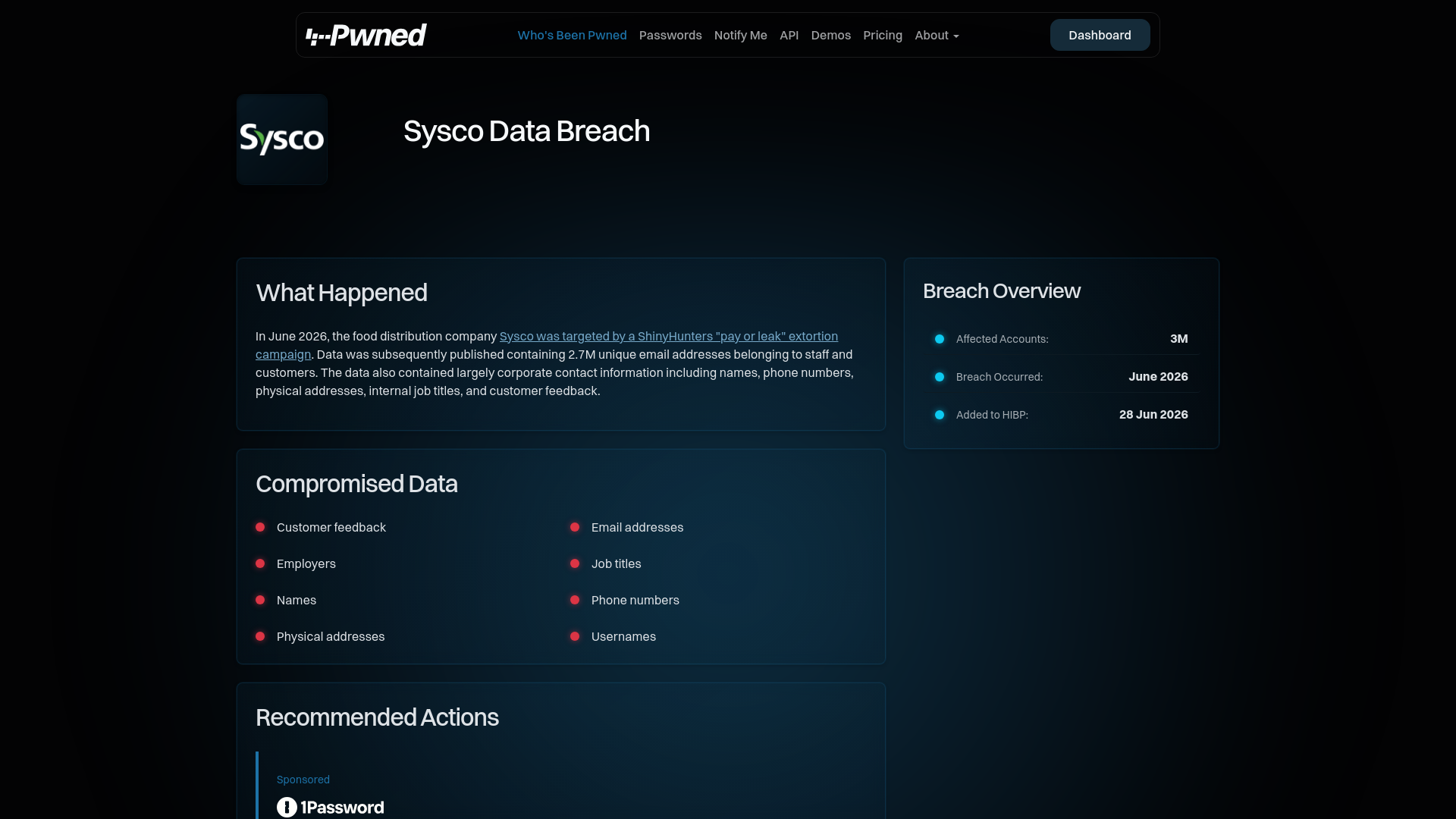 Have I Been Pwned: Sysco Data Breach