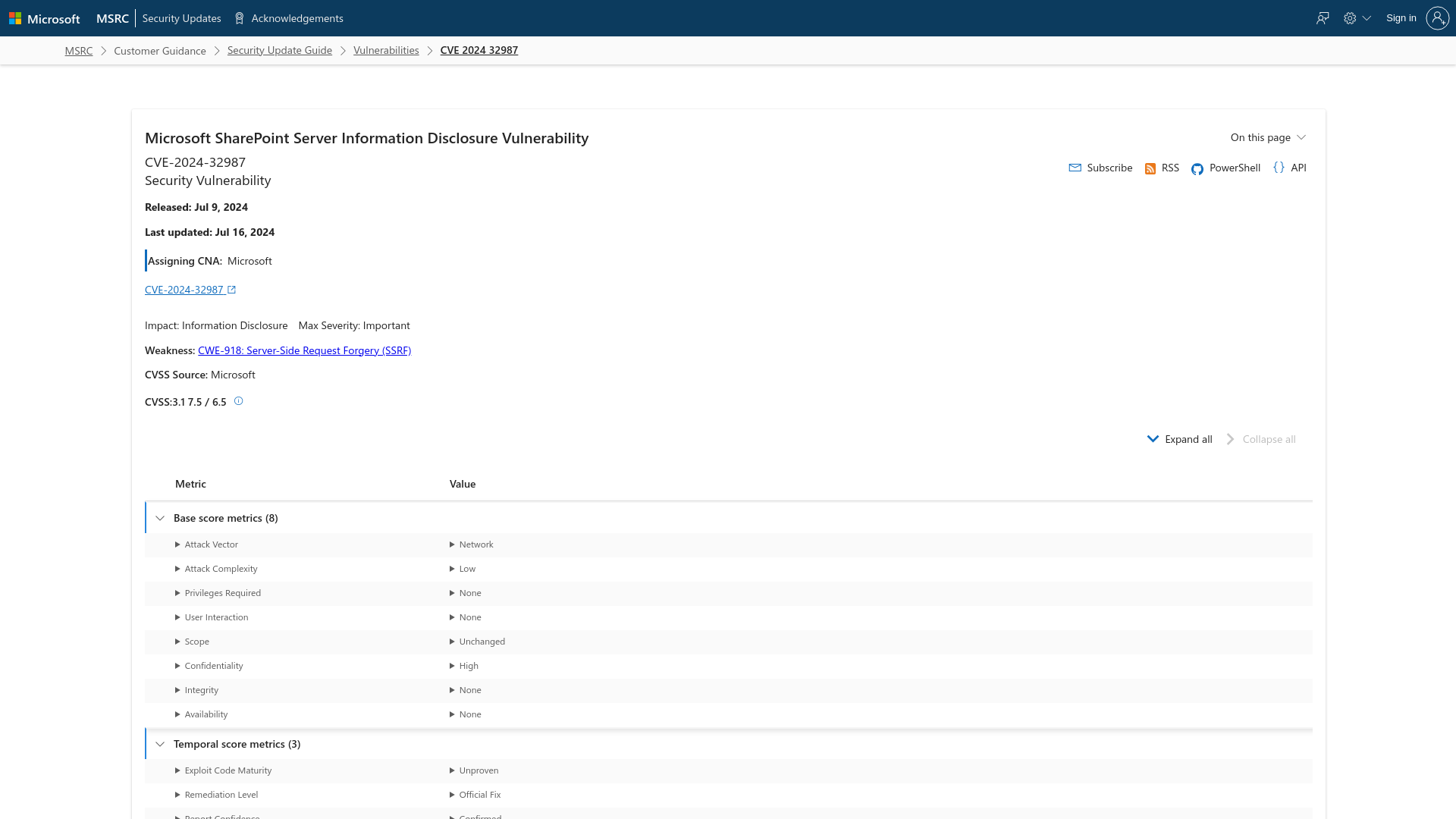 CVE-2024-32987 - Security Update Guide - Microsoft - Microsoft SharePoint Server Information Disclosure Vulnerability