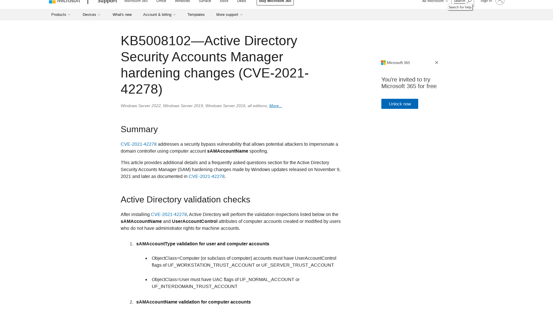KB5008102—Active Directory Security Accounts Manager hardening changes (CVE-2021-42278) - Microsoft Support