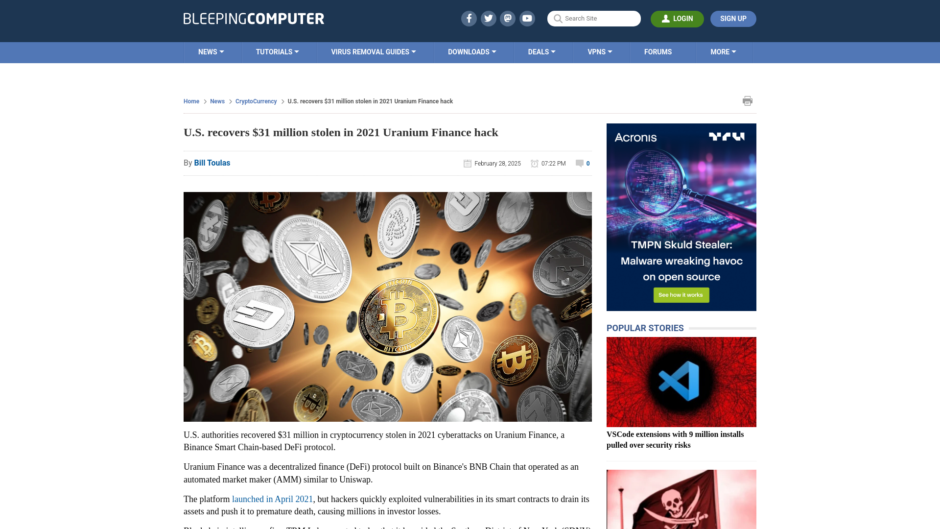 U.S. recovers $31 million stolen in 2021 Uranium Finance hack