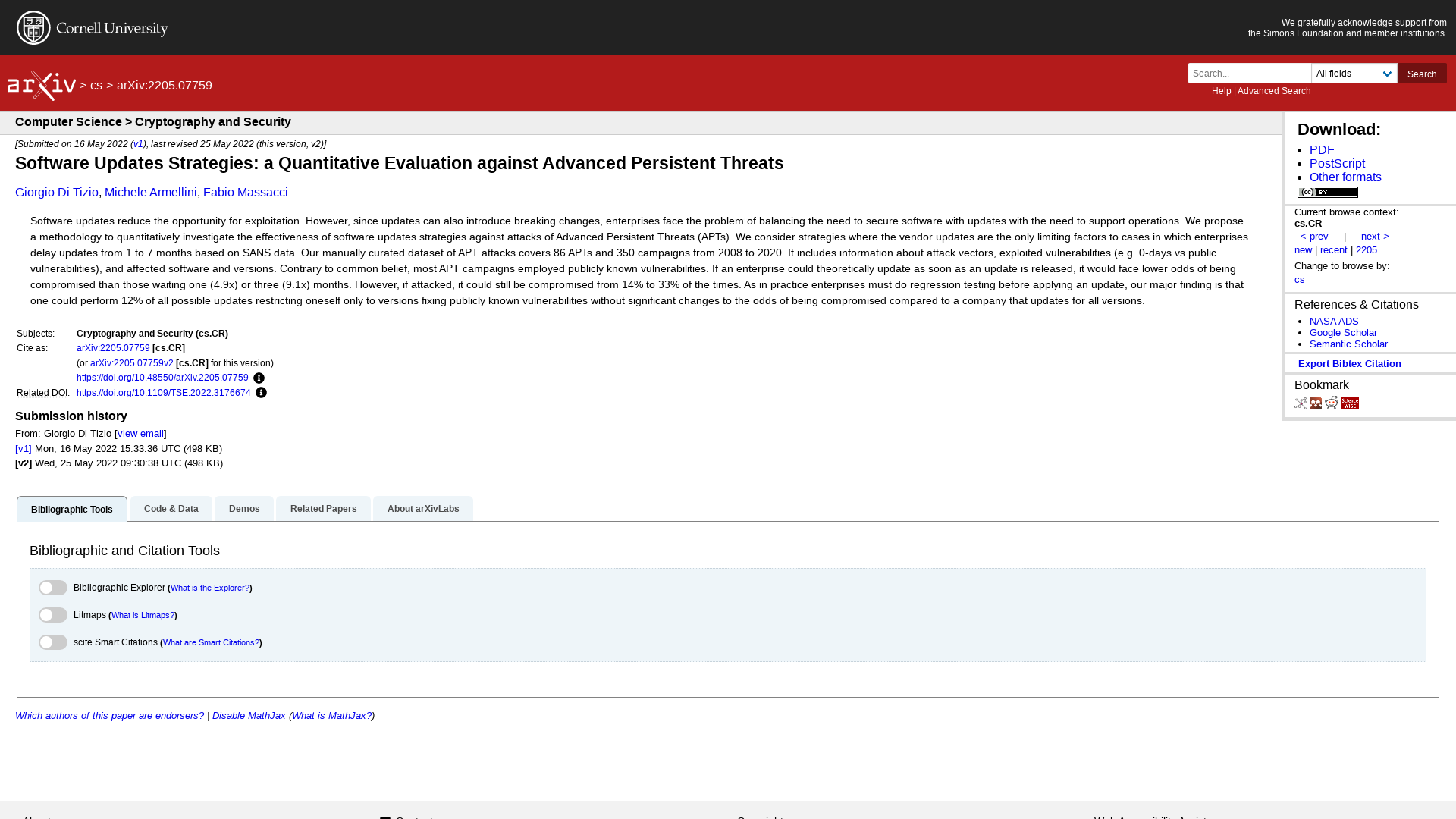 [2205.07759] Software Updates Strategies: a Quantitative Evaluation against Advanced Persistent Threats