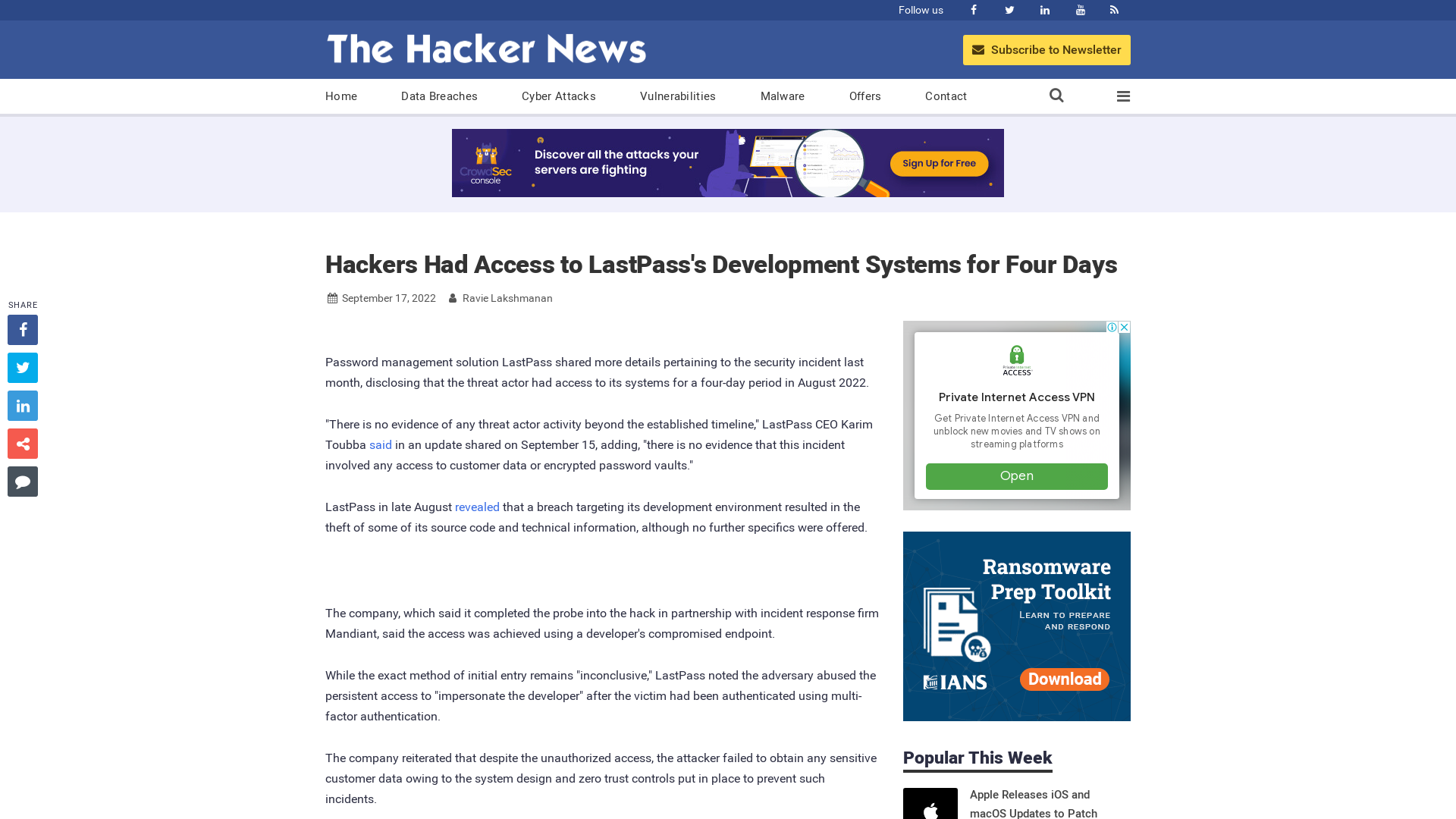 Hackers Had Access to LastPass's Development Systems for Four Days
