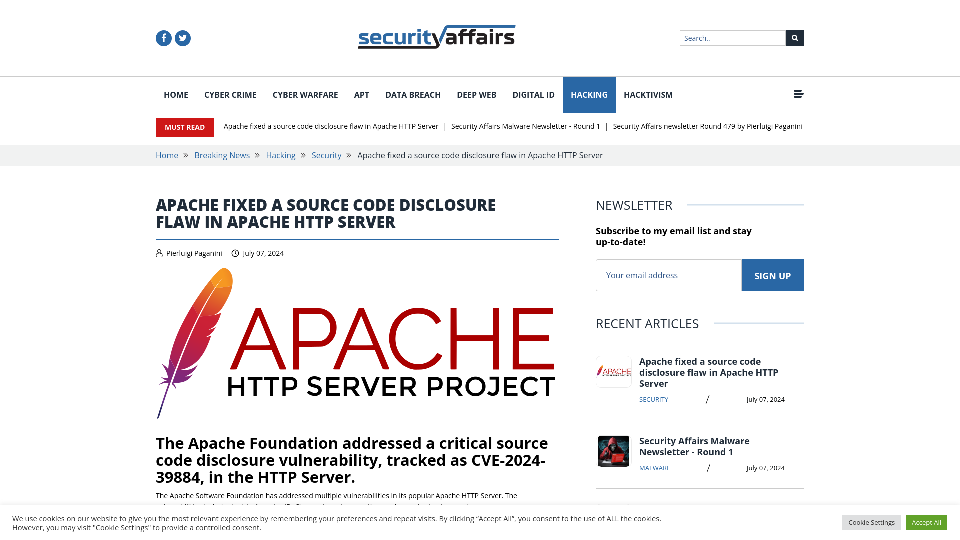 Apache fixed a source code disclosure flaw in Apache HTTP Server